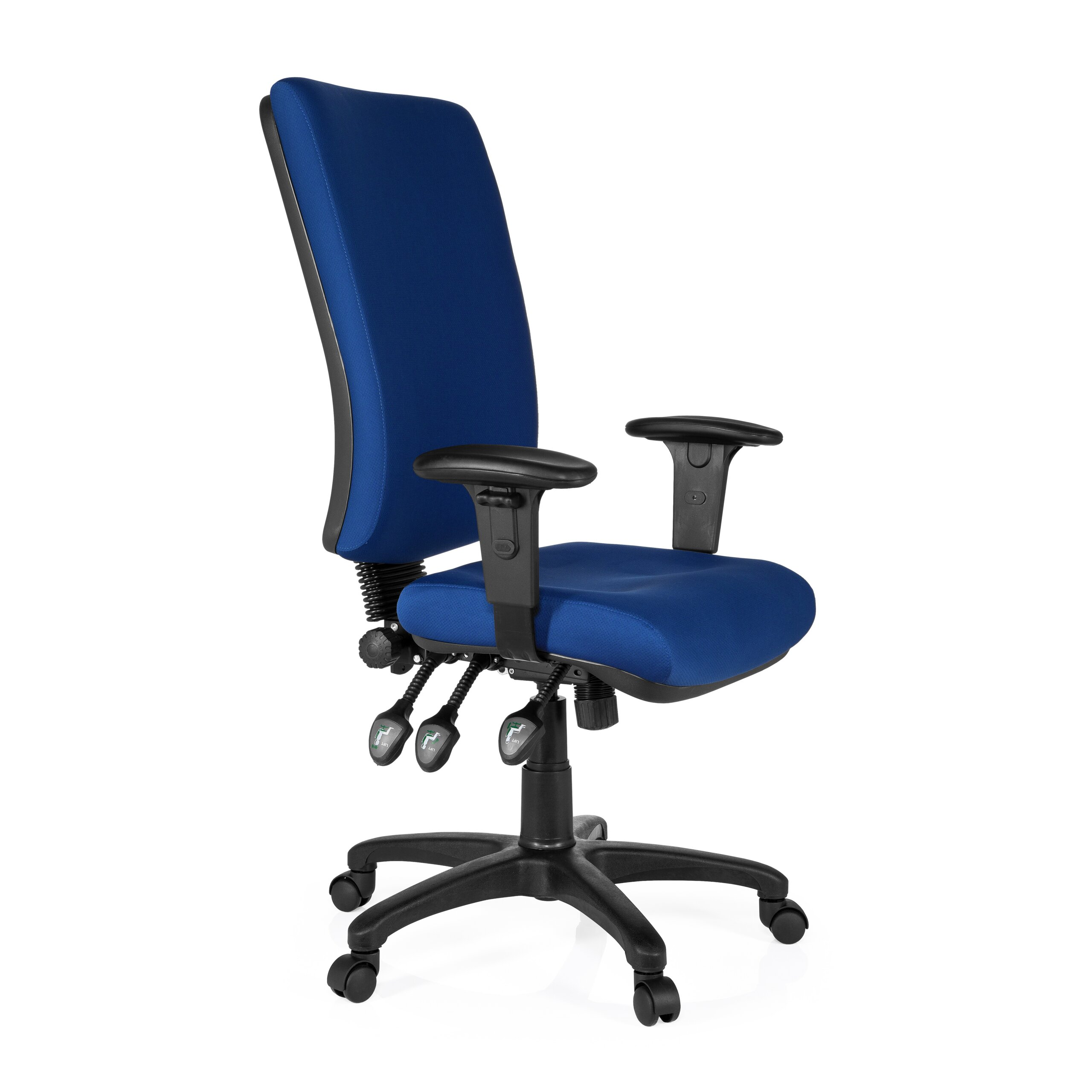 Ein blauer ergonomischer Bürostuhl mit schwarzen Armlehnen, Hebeln und Rollen auf weißem Hintergrund.