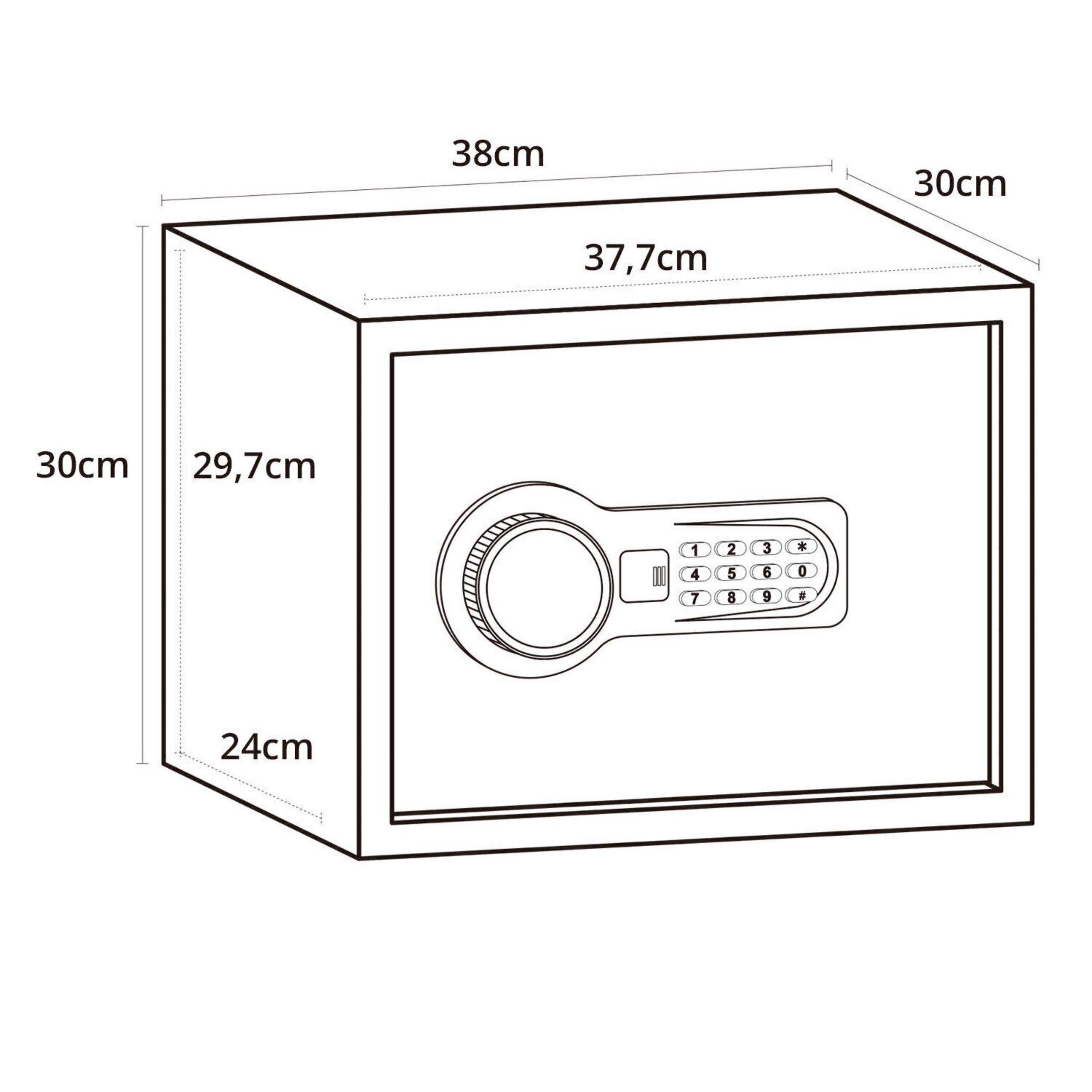 Linienzeichnung eines Safes mit Zahlenkombination und Bemaßungen.