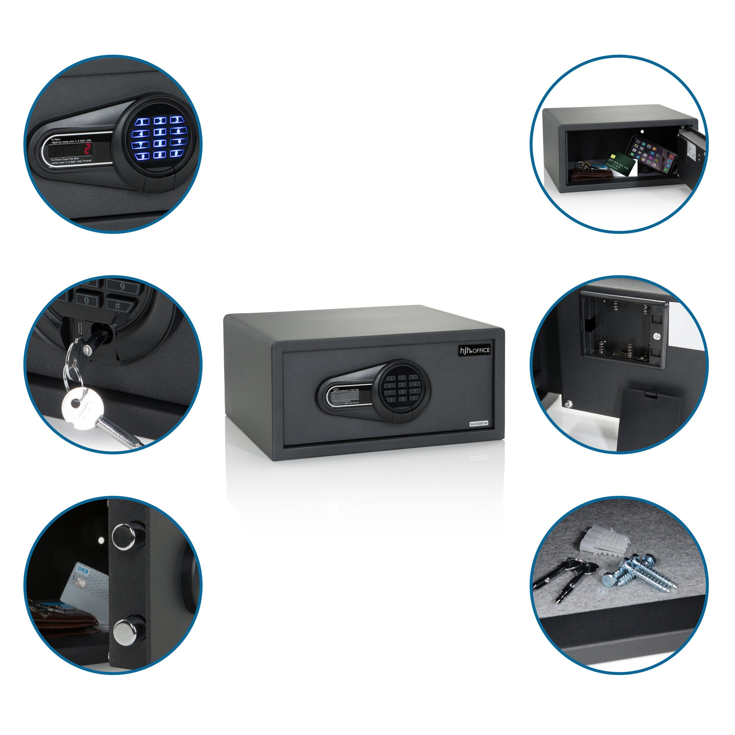 Grauer Minisafe mit Digitaltastatur, Schlüsselloch, Batteriefach, Innenleben und Montagematerial in Detailaufnahmen.