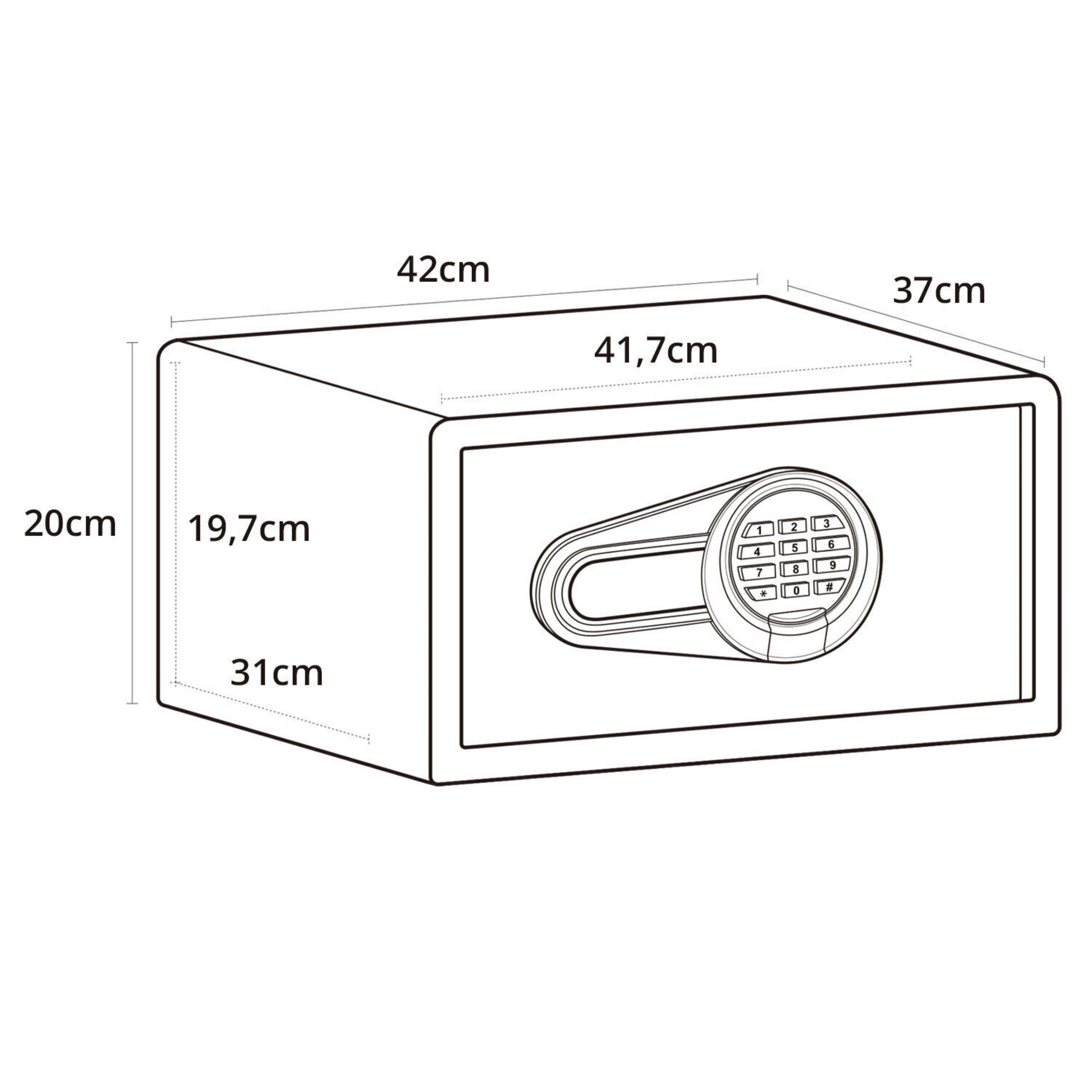 Linienzeichnung eines Safes mit Maßen für Breite, Höhe und Tiefe.