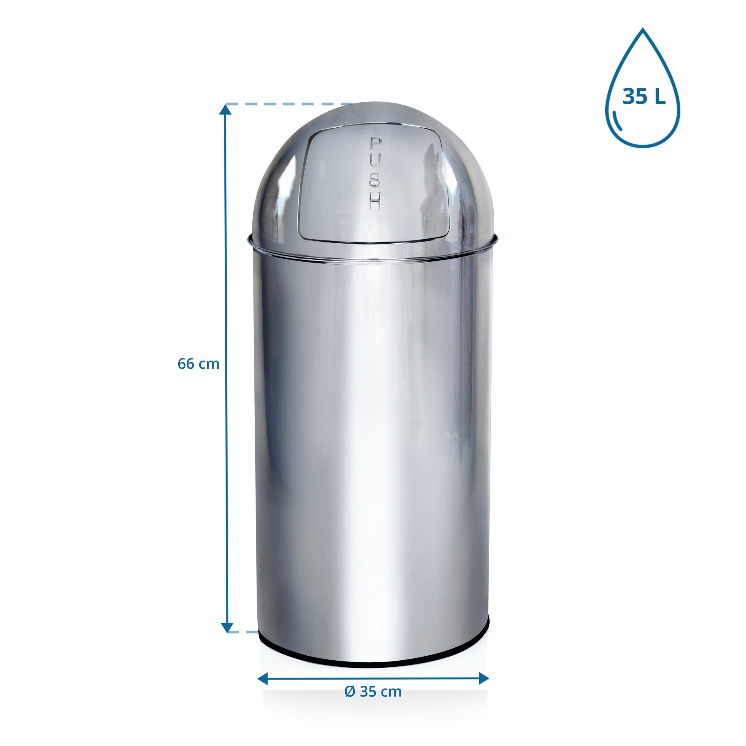 Ein glänzender Mülleimer aus Chrom, 35L, Höhe 66 cm, Durchmesser 35 cm.
