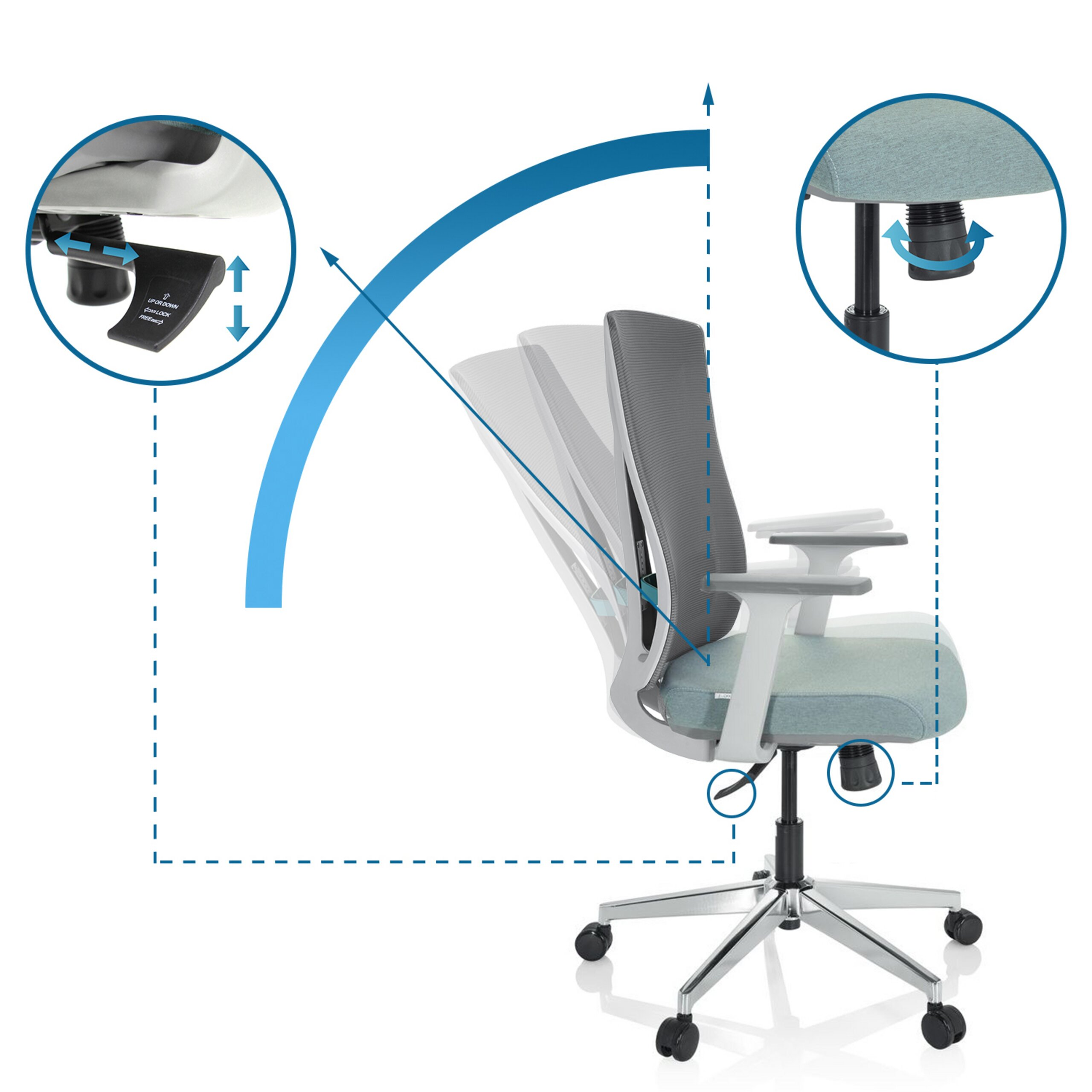 Bürostuhl mit verstellbarer Rückenlehne und Sitzhöhe, veranschaulicht durch Diagramme.