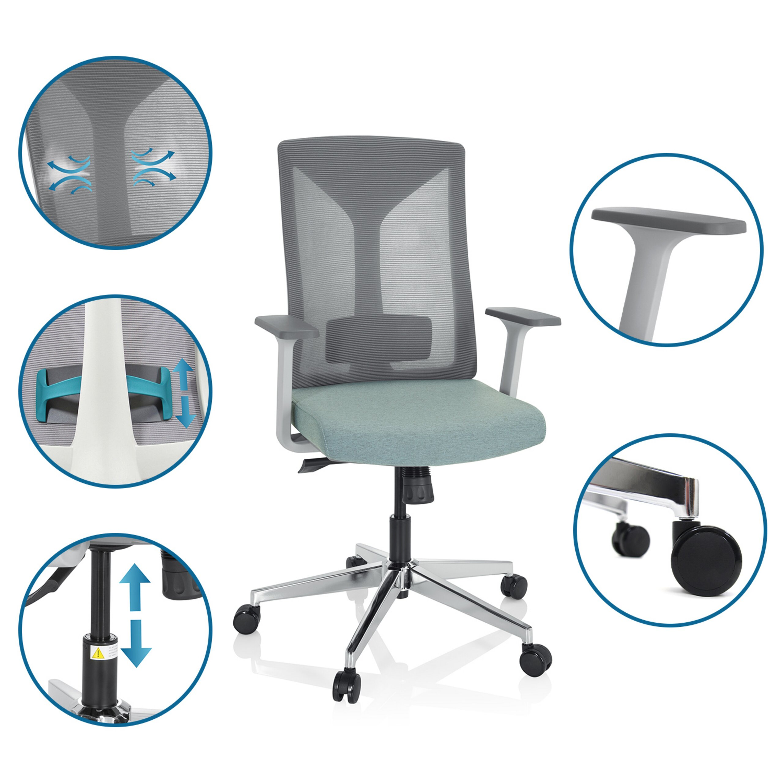 Moderner ergonomischer Buerostuhl mit grauer Netzrueckenlehne, mintgruenem Sitz und Chromgestell mit Rollen.