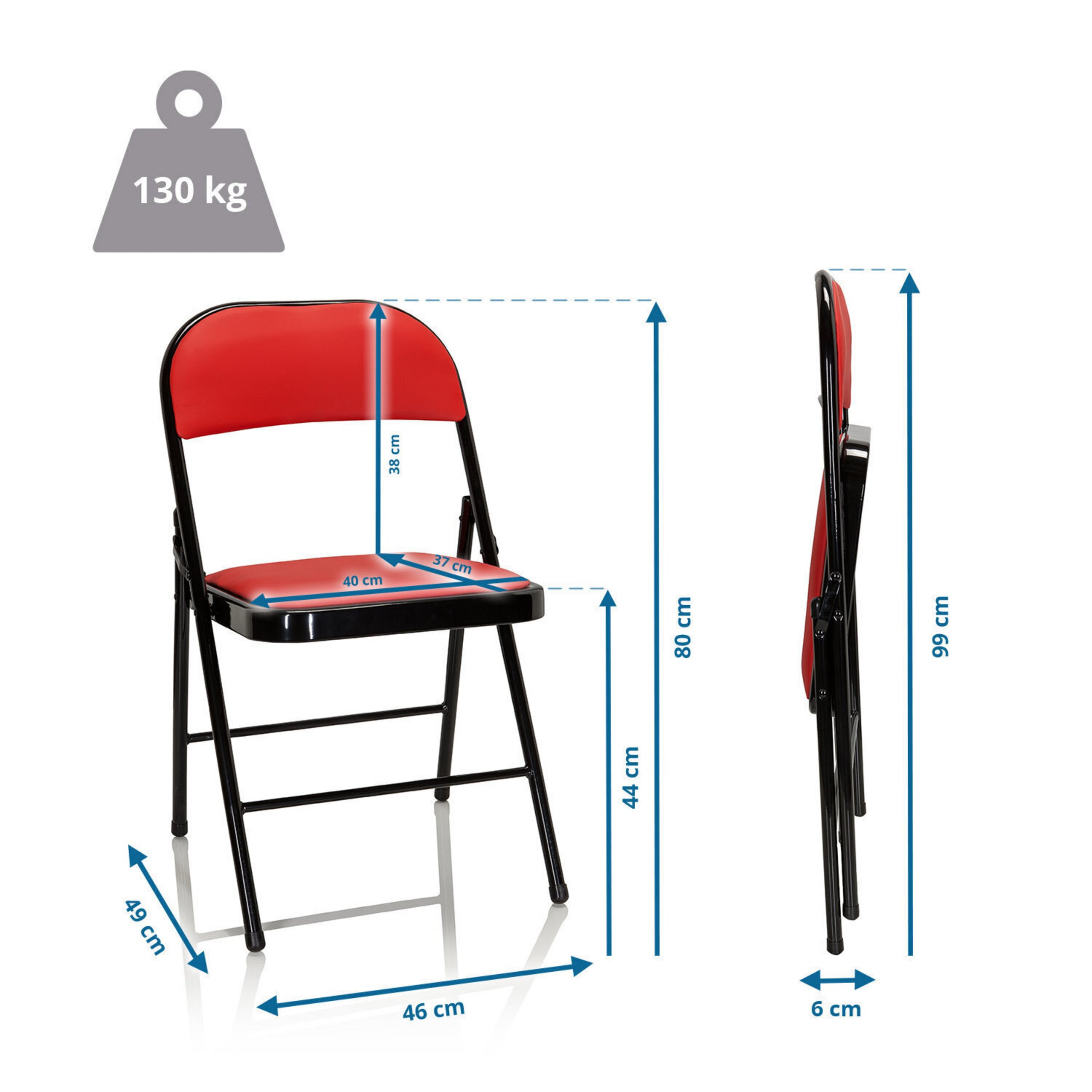 Maßzeichnung eines roten Klappstuhls mit schwarzem Metallgestell und 130 kg Gewichtslimit.