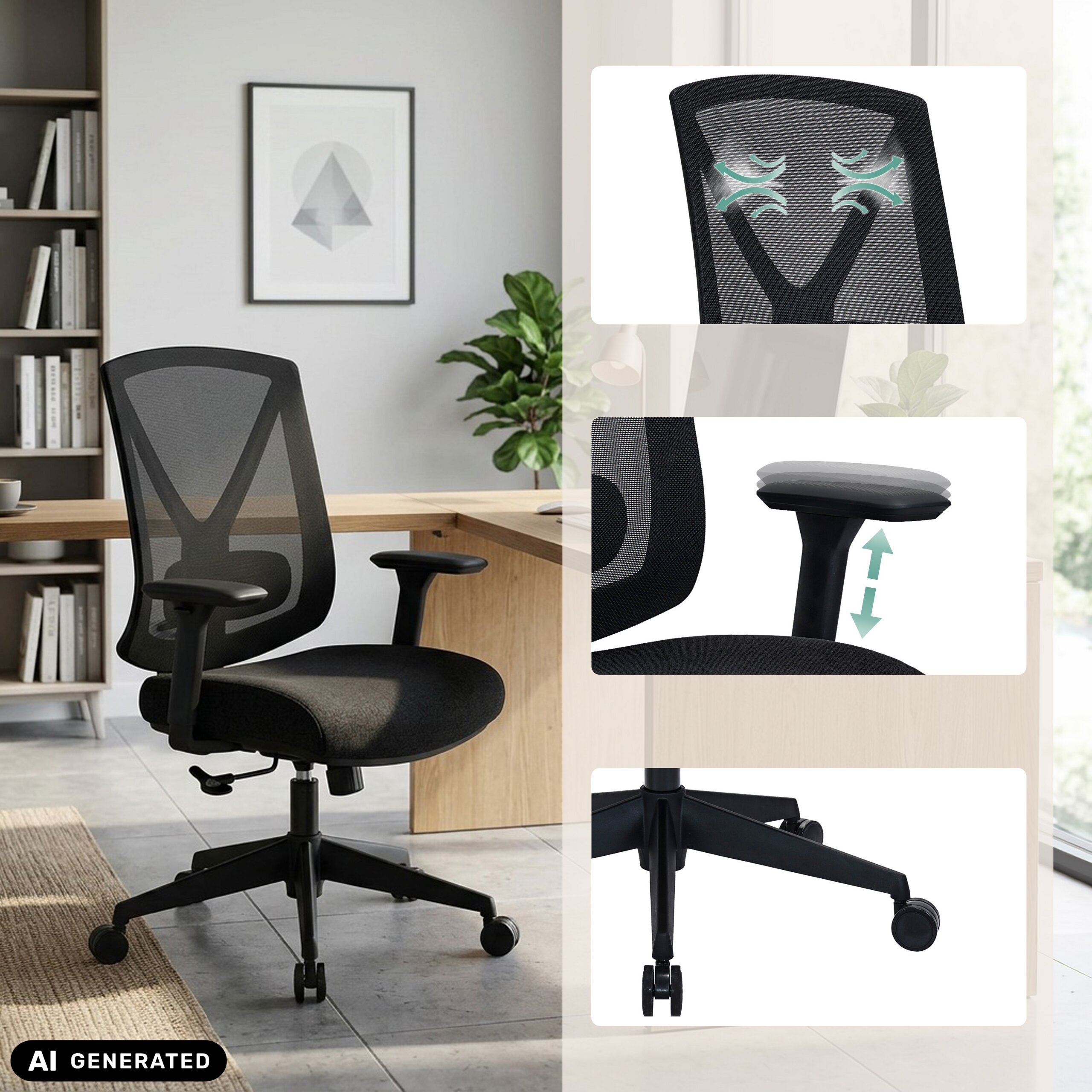 Ein schwarzer ergonomischer Bürostuhl mit Netzrückenlehne steht in einem Raum, mit Detailaufnahmen von Rücken, Armlehne und Rollen.