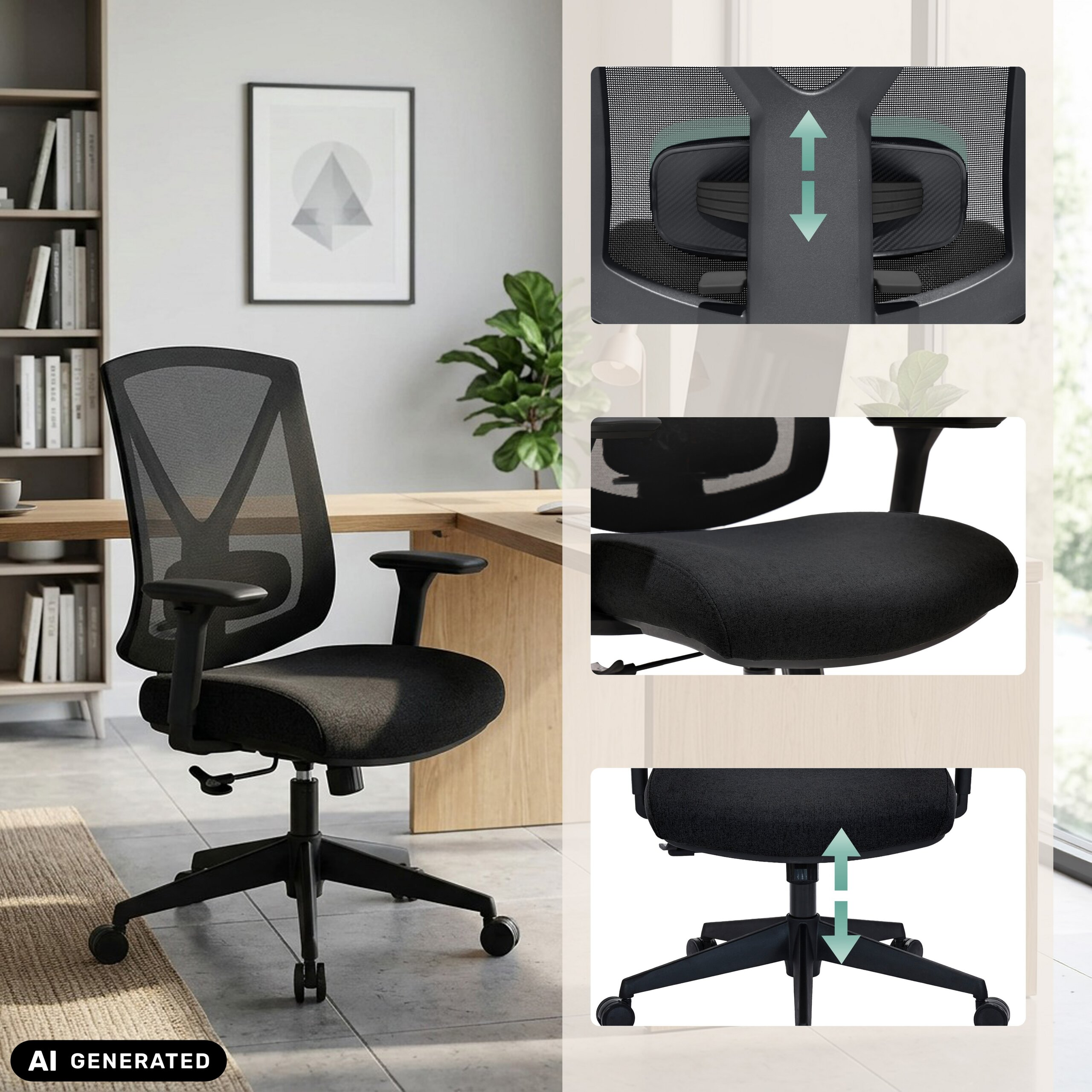 Ein schwarzer ergonomischer Bürostuhl mit Netzrücken und drei Detailaufnahmen von Verstellfunktionen.