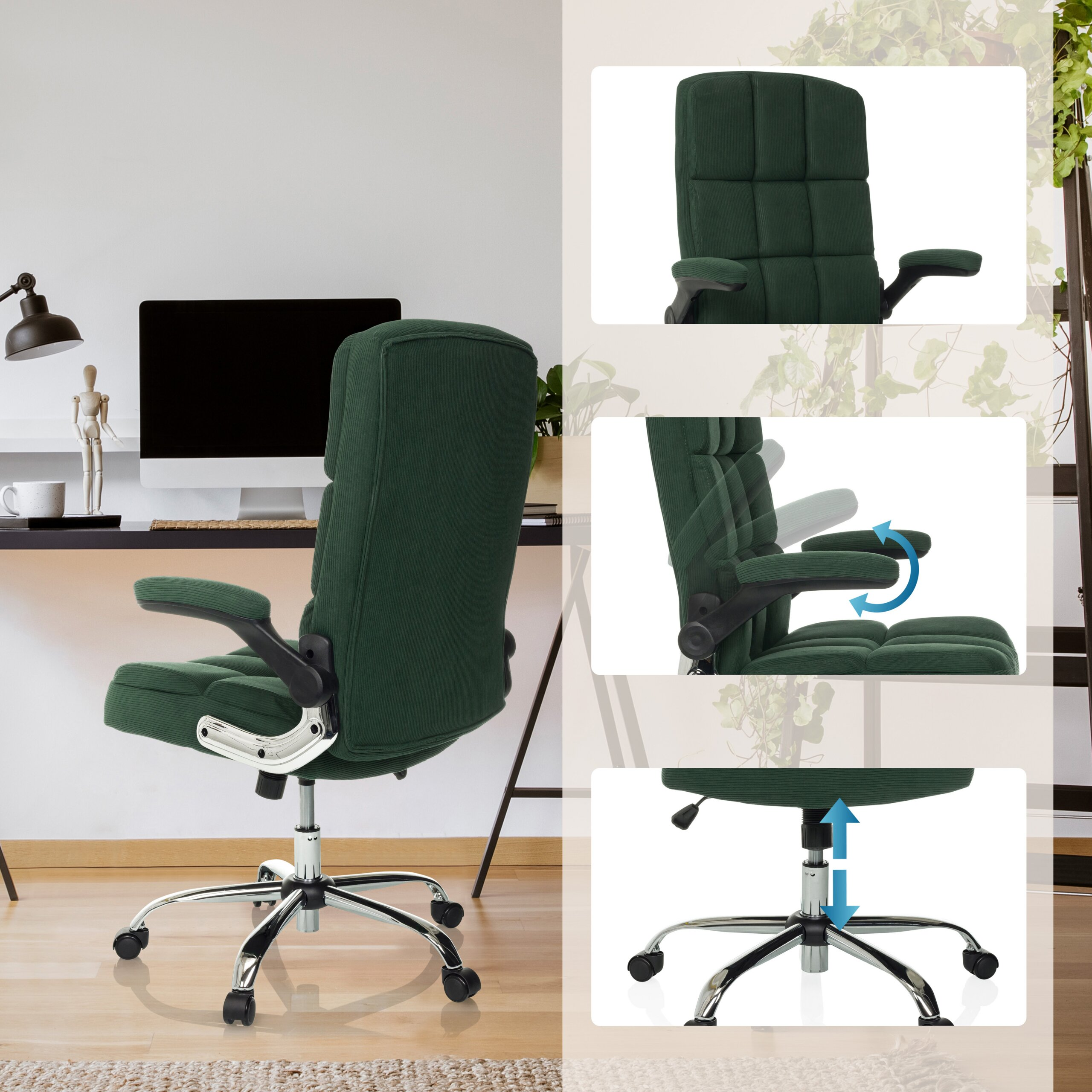 Ein grüner Samt-Bürostuhl mit verstellbaren Armlehnen und höhenverstellbar, gezeigt im Büro und in Detailbildern.