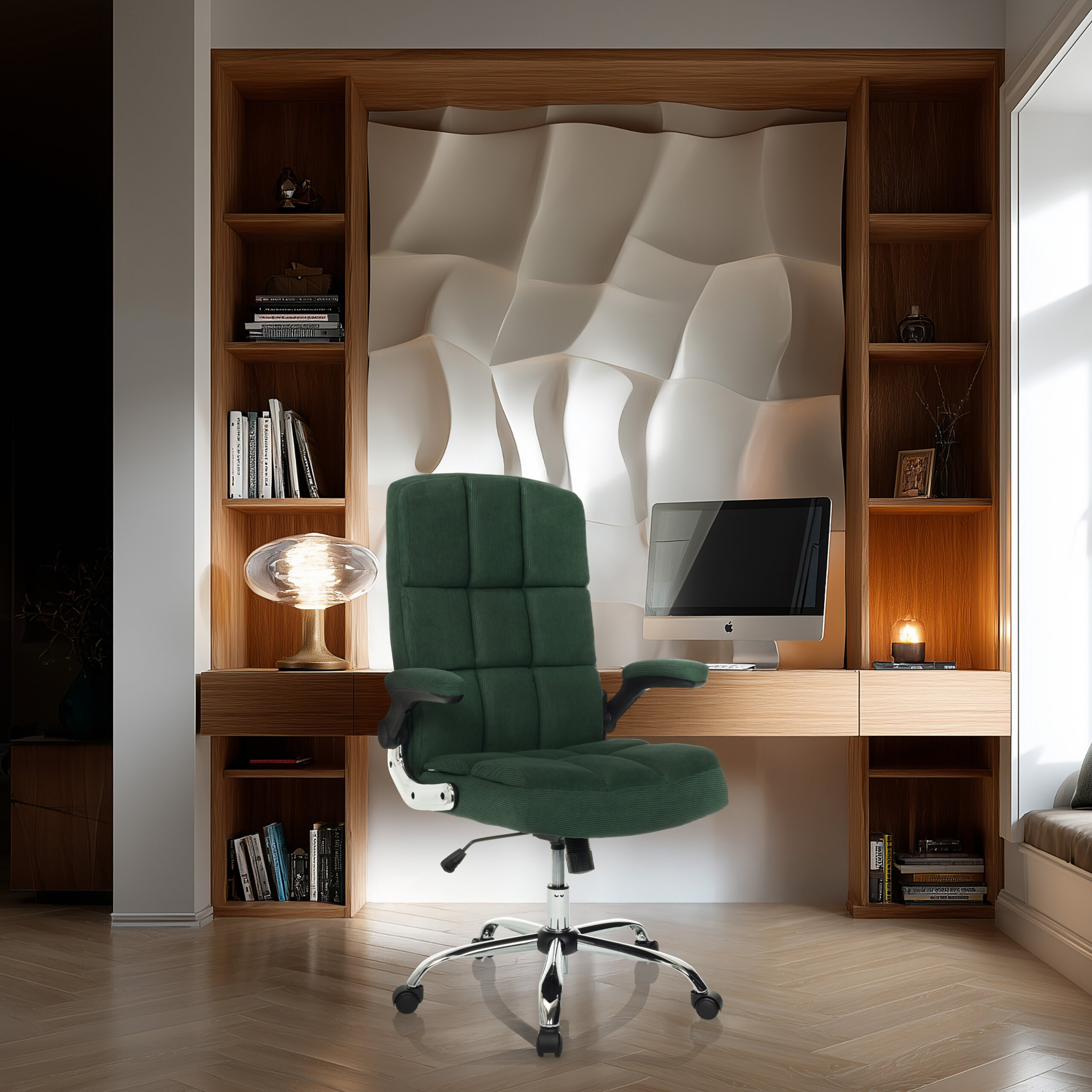 Ein grüner Samt-Bürostuhl steht vor einem Holztisch mit Computer und Bücherregalen in einem hellen Raum.
