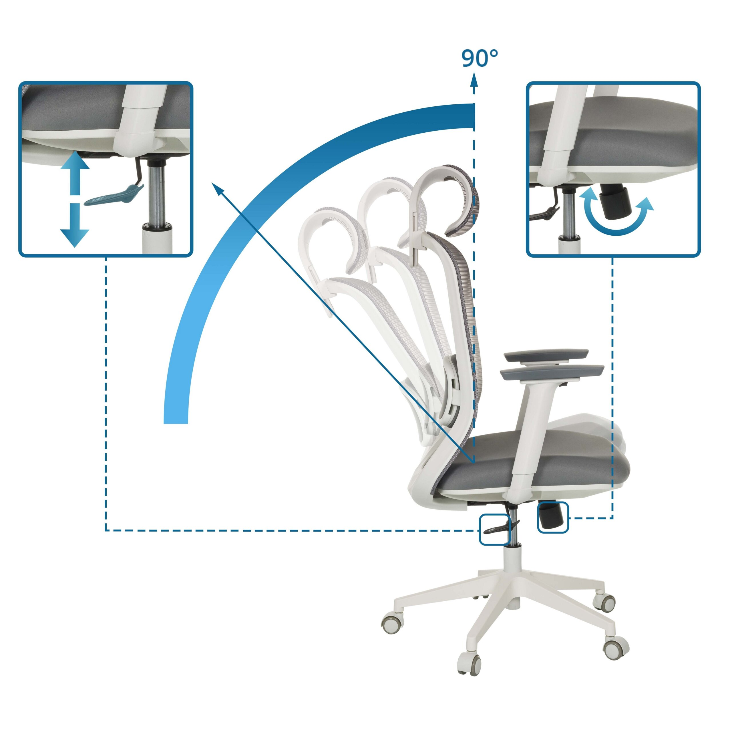 Diagramm zeigt die Neigungsverstellung eines grauen Bürostuhls mit zwei Detailansichten.