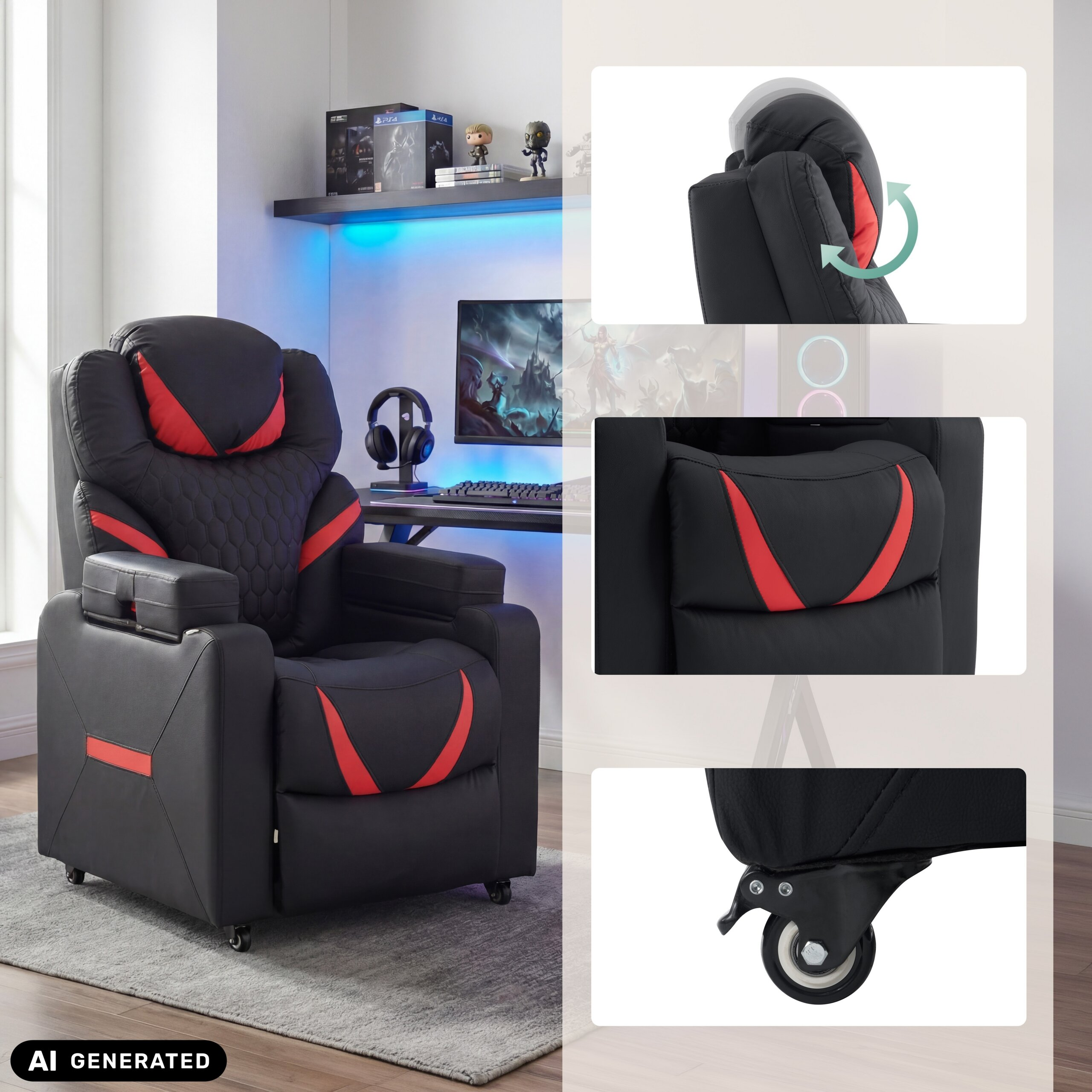 Ein schwarzer und roter Gaming-Sessel mit Rollen, der vor einem Schreibtisch steht, mit Detailaufnahmen von Kopfstütze und Rolle.
