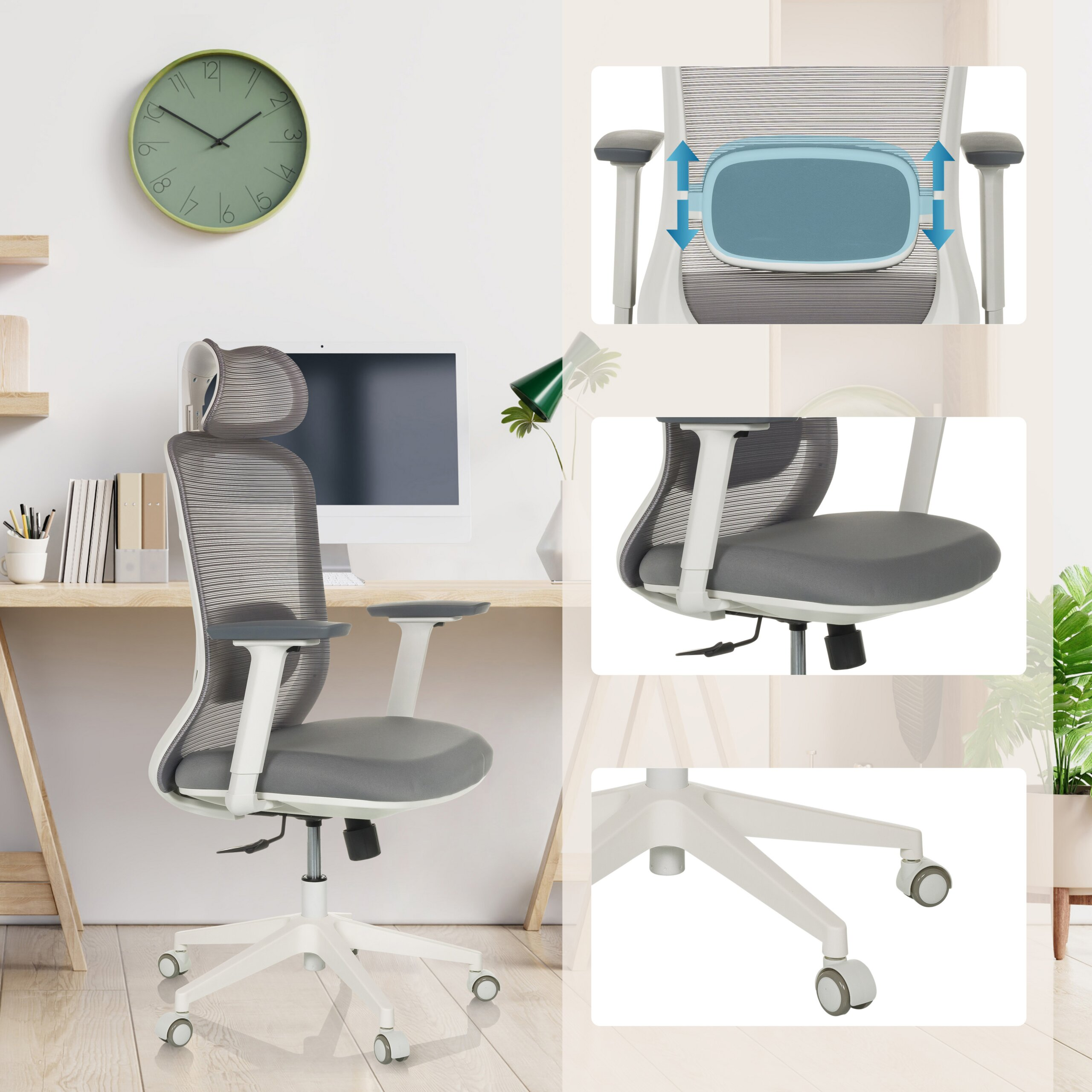 Grauer Buerostuhl in modernem Zimmer, mit Detailaufnahmen von Lendenstuetze, Sitz und Rollen.
