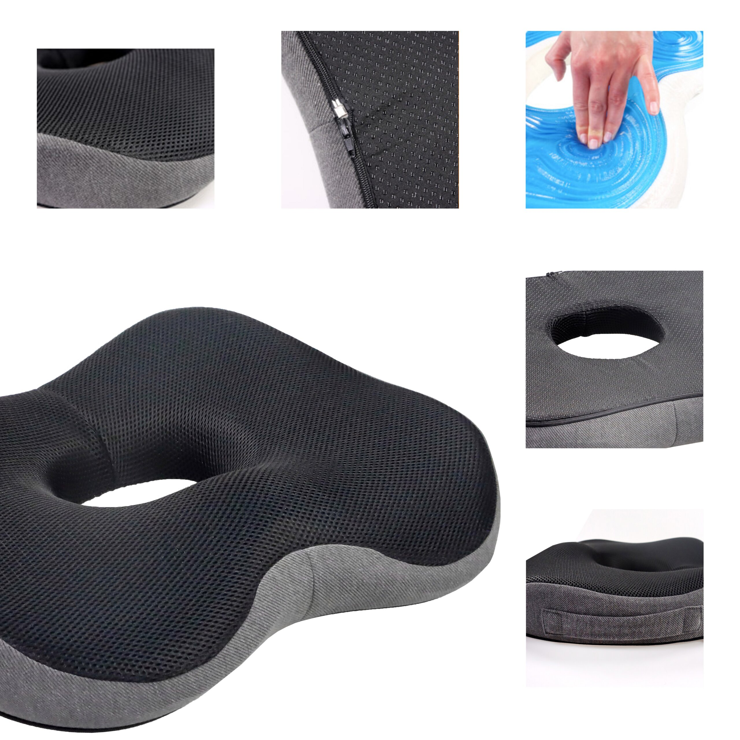 Ein ergonomisches graues Kissen mit schwarzem Netzbezug und Ausschnitt.