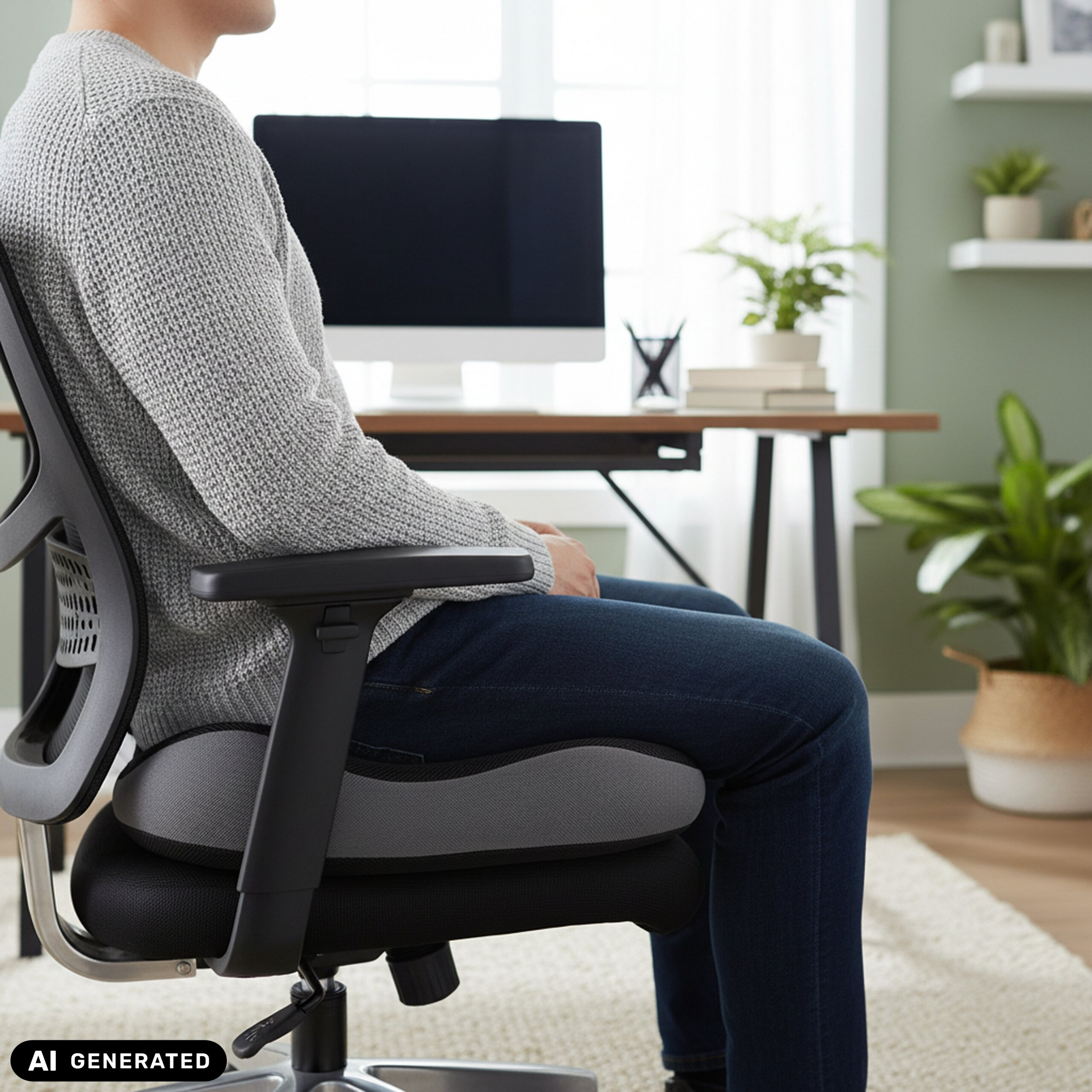 Ein Mann sitzt in einem grau-schwarzen Bürostuhl im Arbeitszimmer.