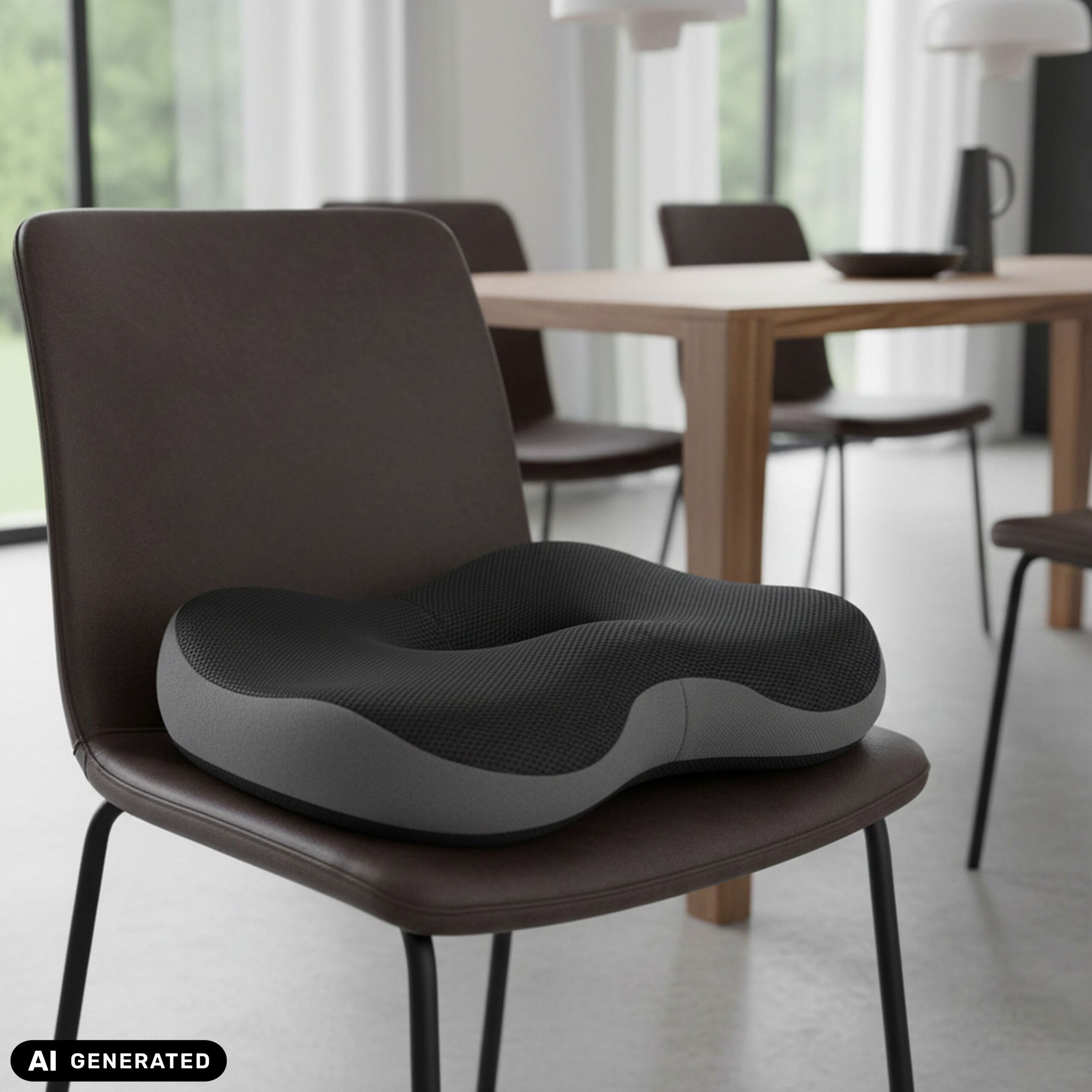 Ein ergonomisches graues und schwarzes Kissen liegt auf einem braunen Stuhl in einem modernen Esszimmer.