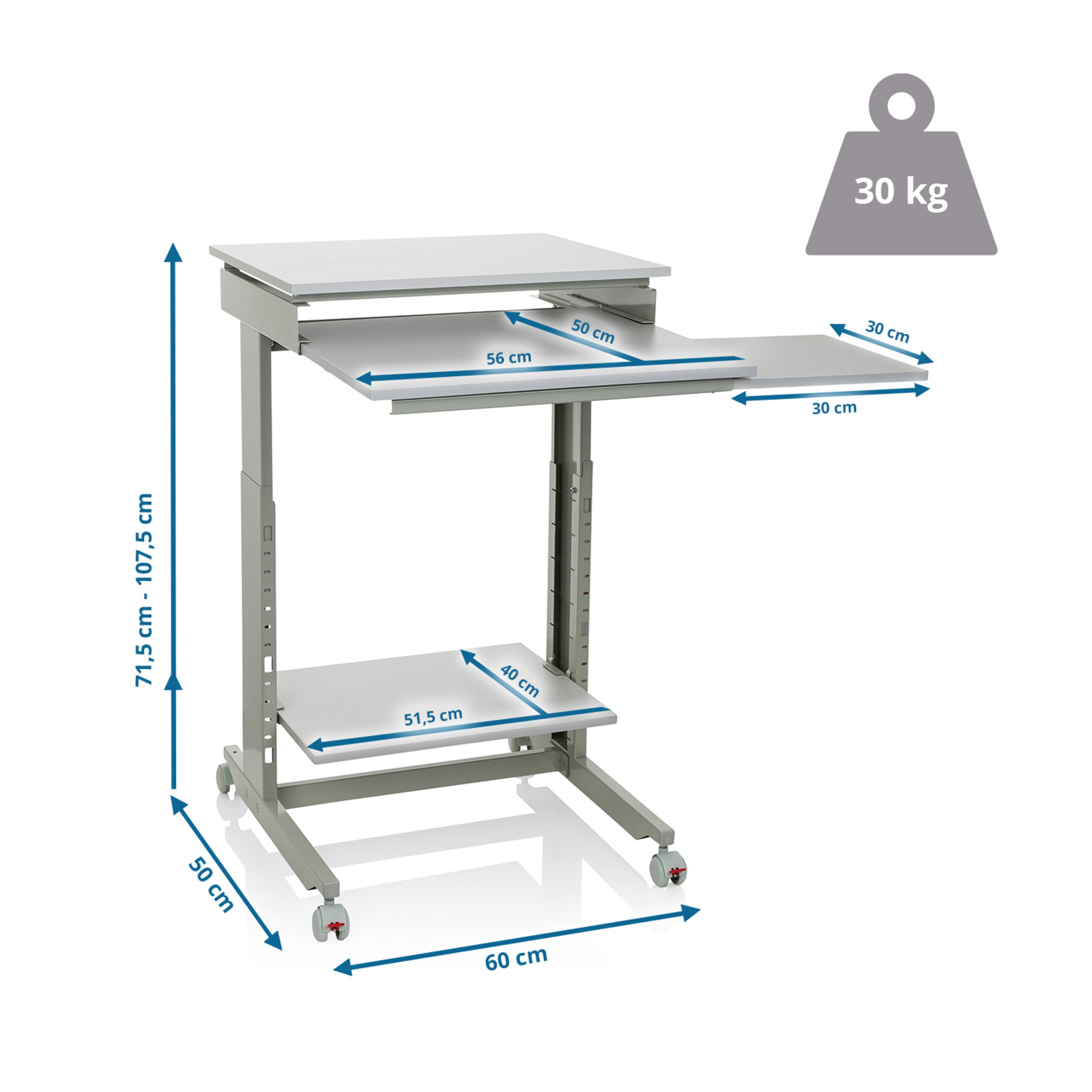 Ein verstellbarer grauer Computertisch mit Maßen und einem 30 kg Gewichtslimit-Symbol.