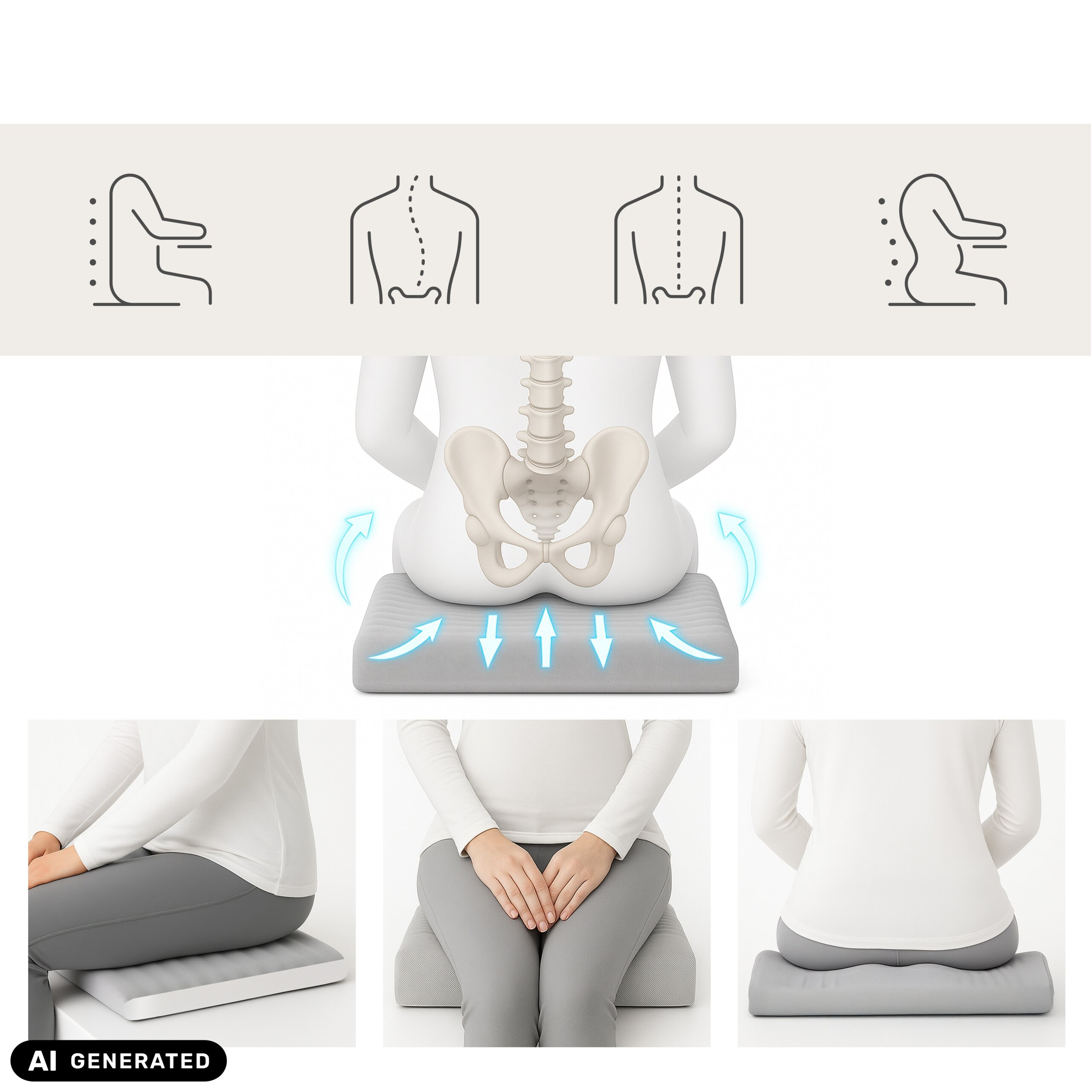 Diagramme und Bilder zeigen die ergonomische Wirkung eines Sitzkissens auf die Wirbelsäule und das Becken.