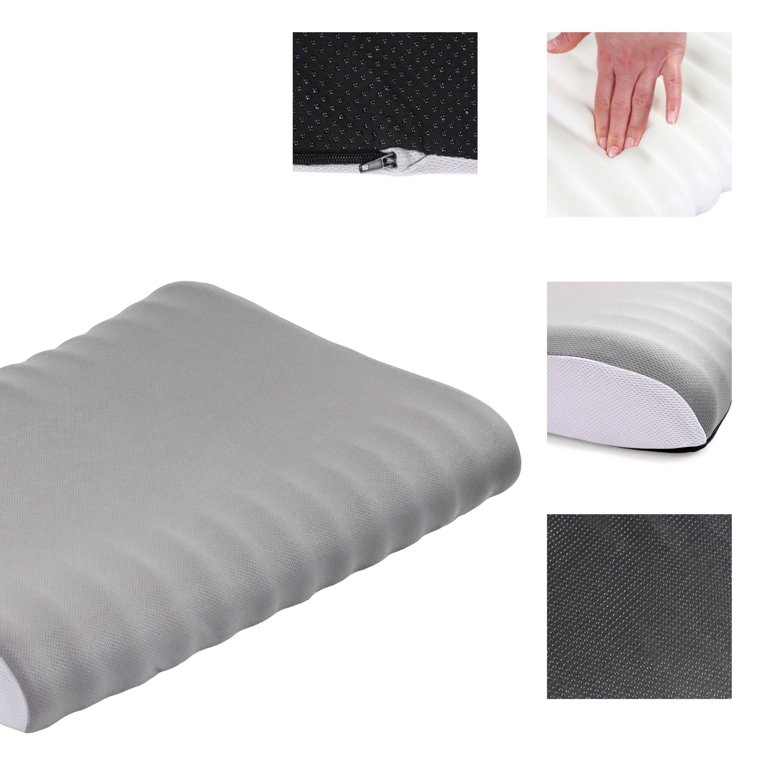 Graues orthopädisches Kissen mit Reißverschluss und rutschfester Unterseite, Details zeigen Material und Festigkeit.