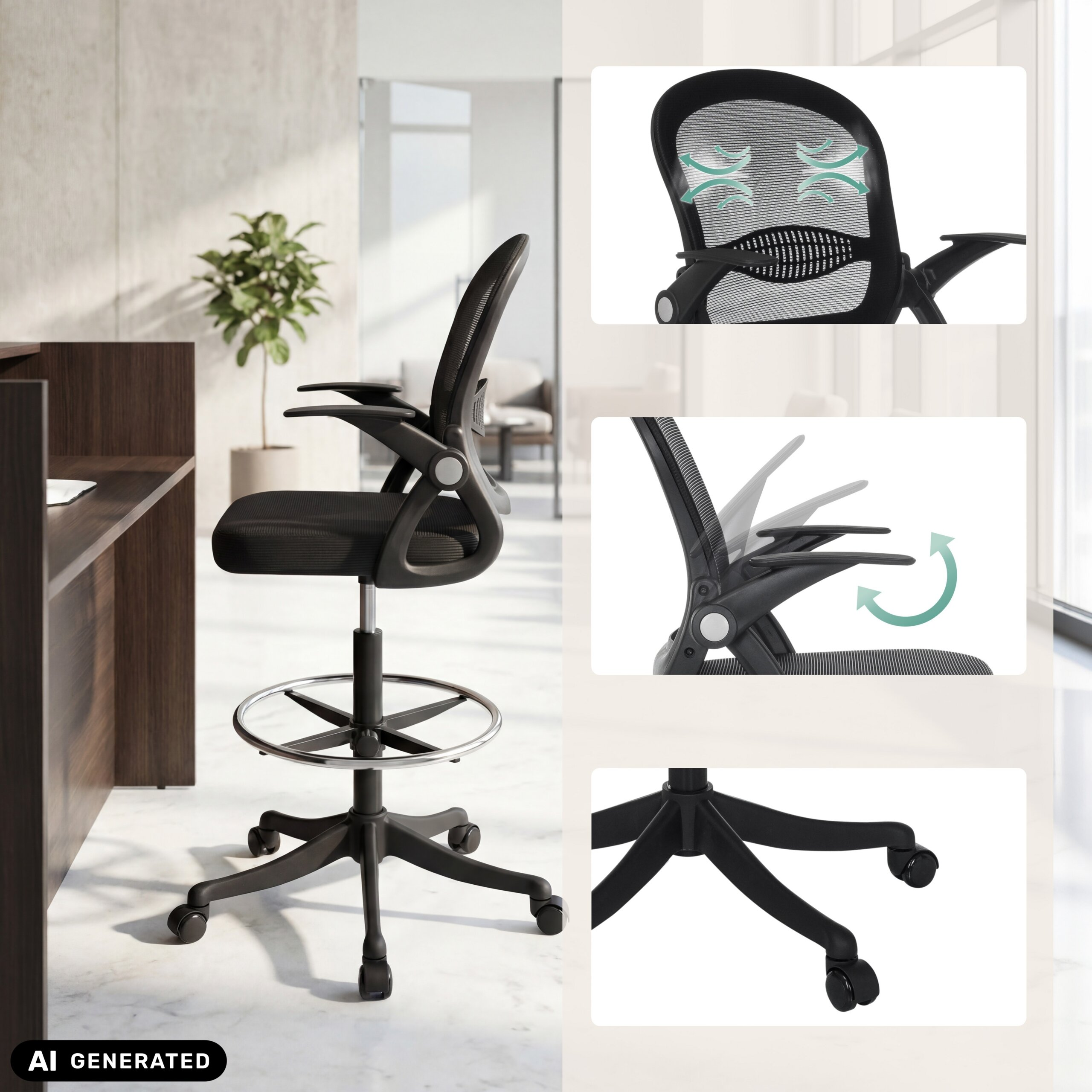 Ein schwarzer ergonomischer Stehstuhl mit Netzrücken, verstellbaren Armlehnen und Fußring im Büro.