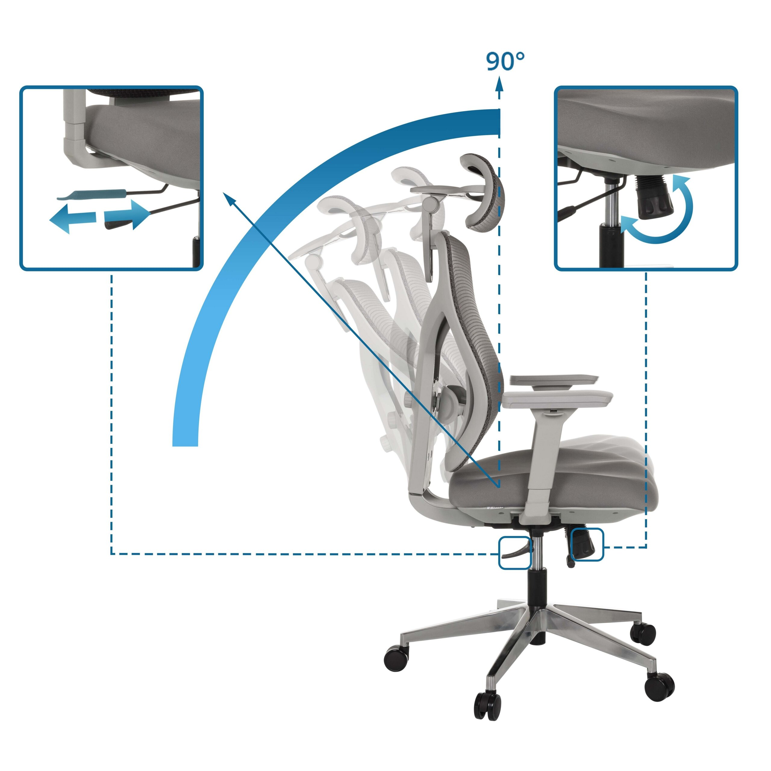Diagramm zeigt die 90-Grad-Neigefunktion und Verstellhebel eines Bürostuhls.