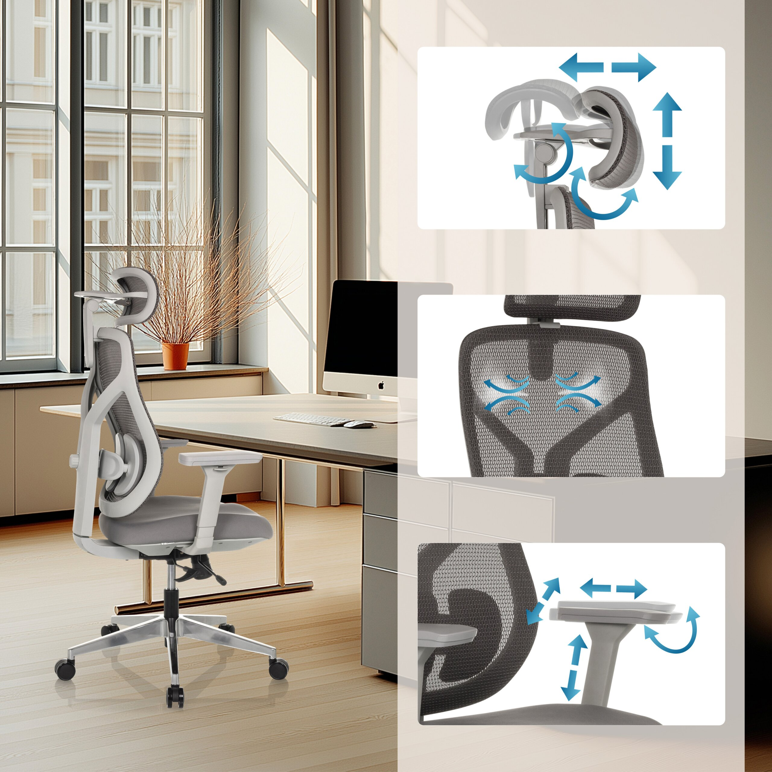 Ein ergonomischer Bürostuhl in einem Raum, mit Detailgrafiken zu verstellbarer Kopfstütze, Lendenwirbelstütze und Armlehnen.