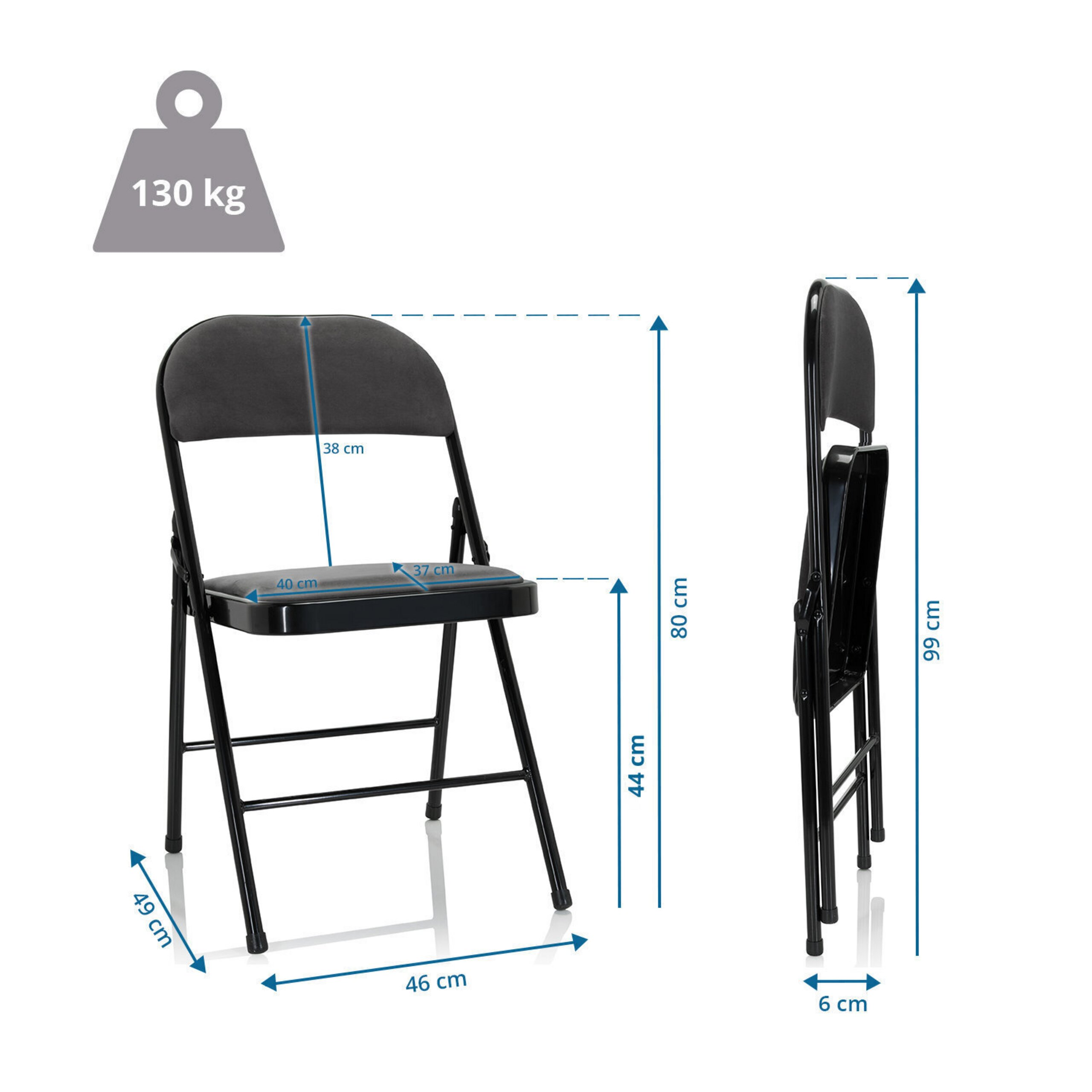 Diagramm eines schwarzen Klappstuhls mit 130 kg Gewichtslimit und Maßangaben.