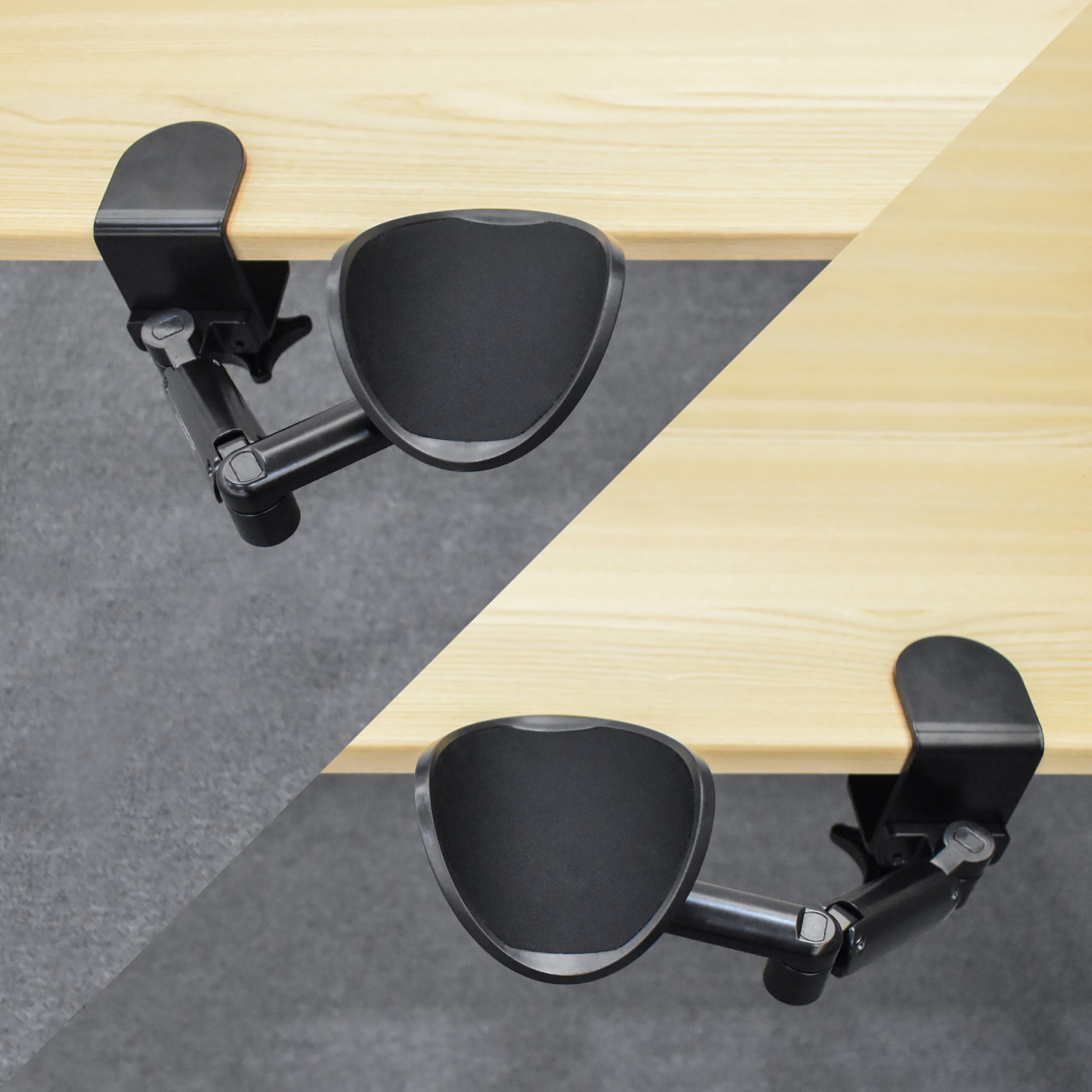 Zwei Ansichten einer ergonomischen schwarzen Armlehne an einem hellen Holztisch.