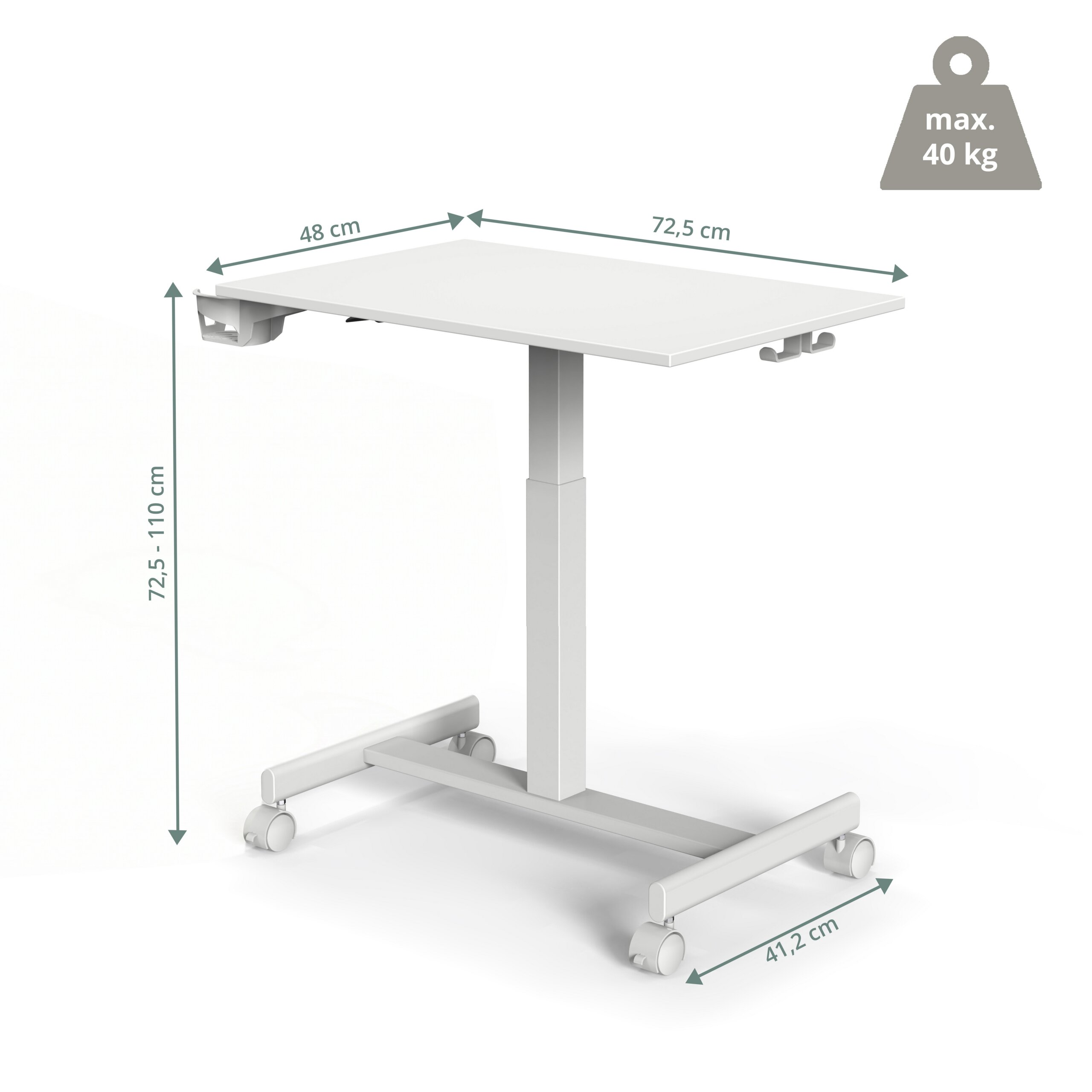 Weißer, höhenverstellbarer Rollschreibtisch mit Maßangaben und einer maximalen Tragkraft von 40 kg.