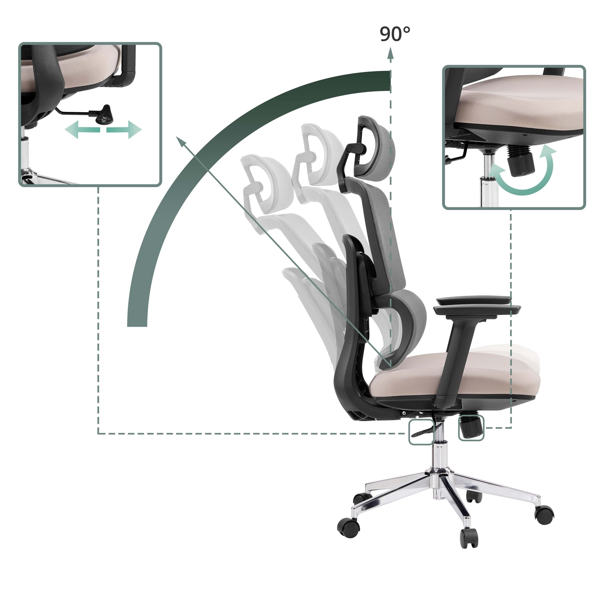 Diagramm zeigt die 90-Grad-Neigungsfunktion eines modernen ergonomischen Schreibtischstuhls mit grauen Polstern.