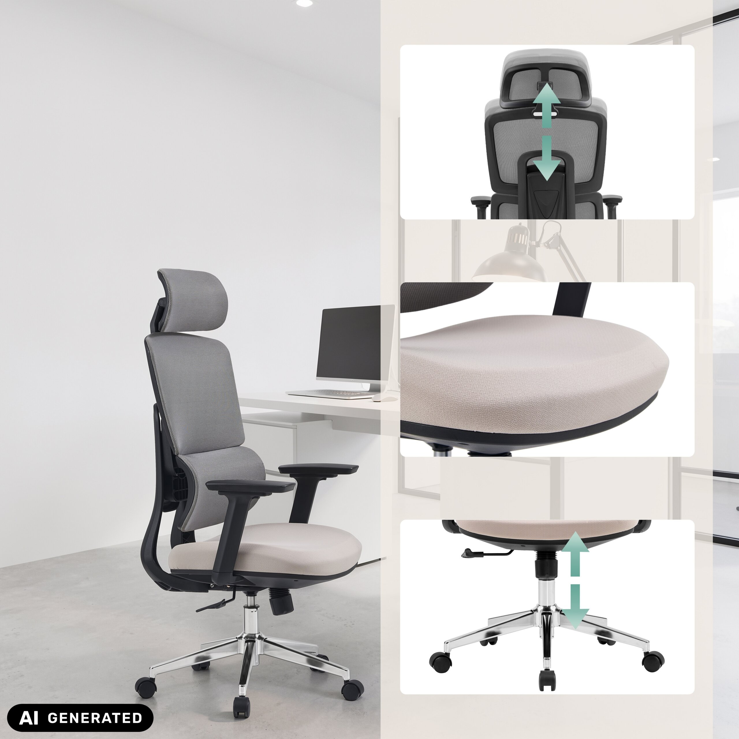 Ergonomischer grauer Buerostuhl mit verstellbarer Kopfstuetze, Sitz und Hoehe vor weißem Hintergrund.