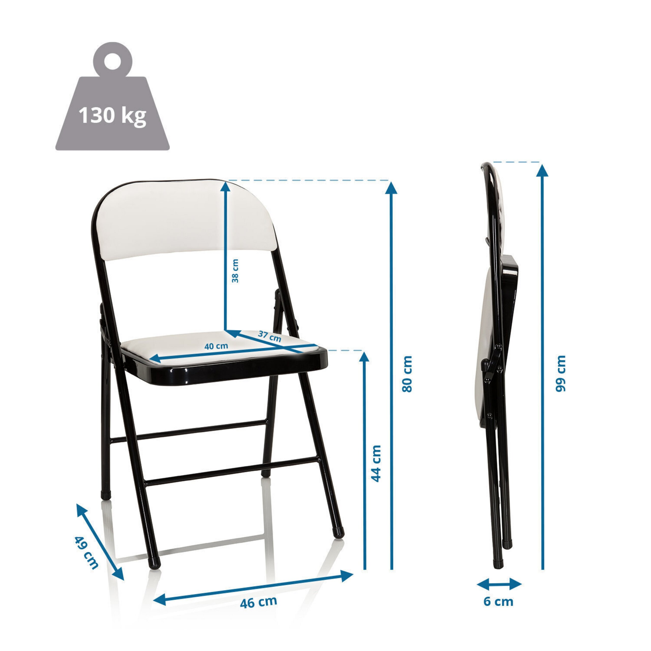 Diagramm eines schwarzen Klappstuhls mit weißem Sitz und Rückenlehne inklusive Maßangaben und Gewichtslimits.