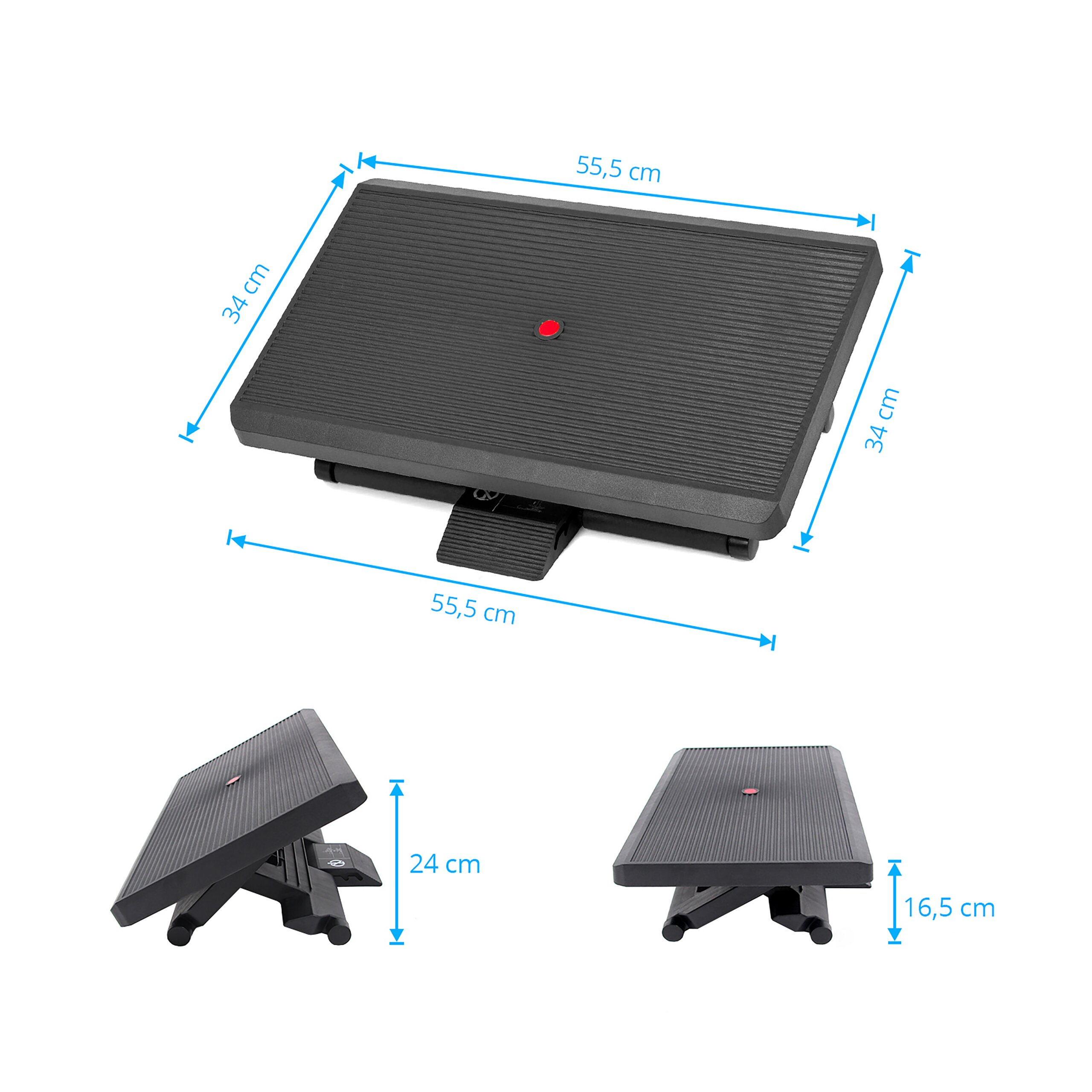 Schwarze ergonomische Fußstütze mit Maßen in cm.