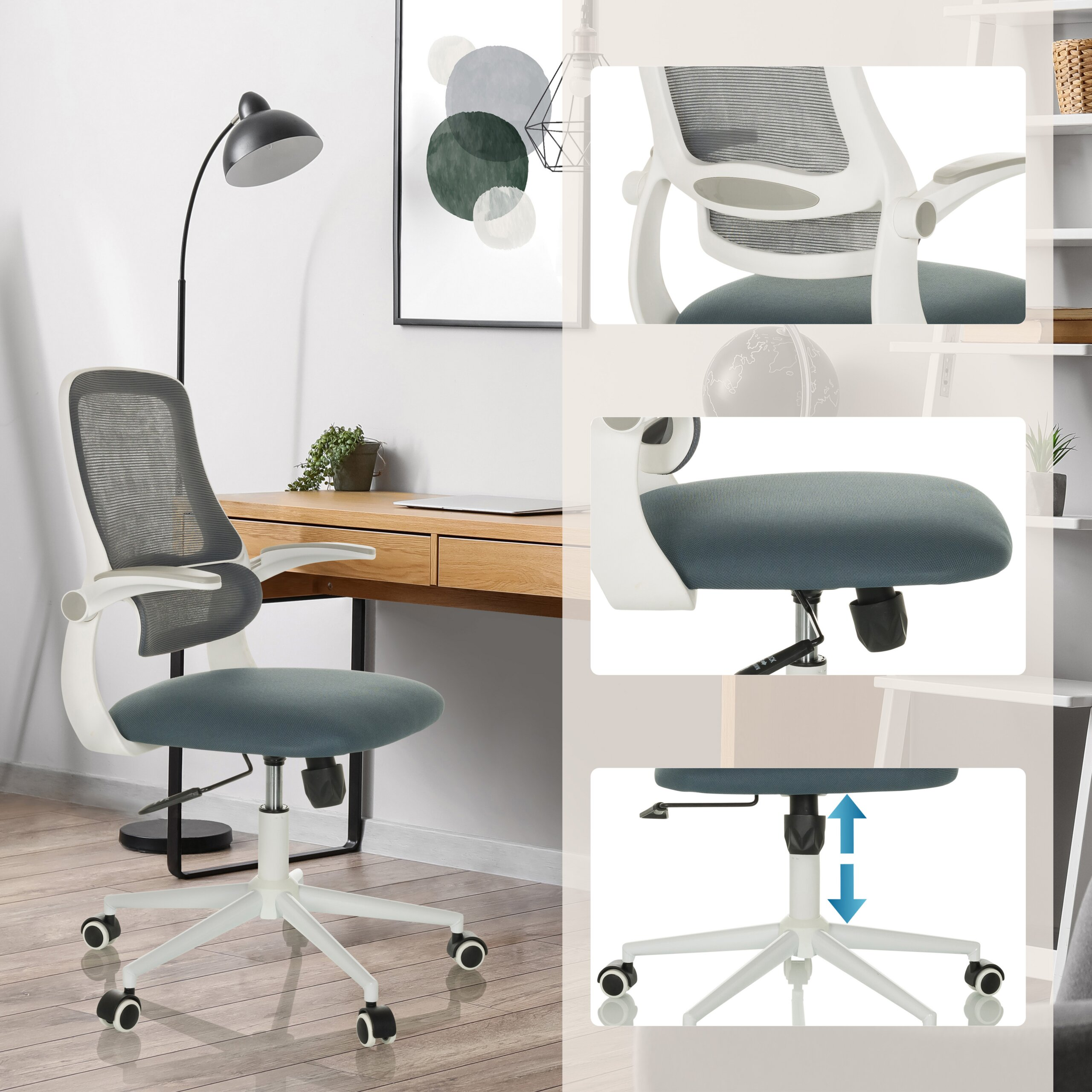 Moderner ergonomischer Schreibtischstuhl in Grau und Weiß, mit Details zu Rückenlehne, Sitz und Höhenverstellung.