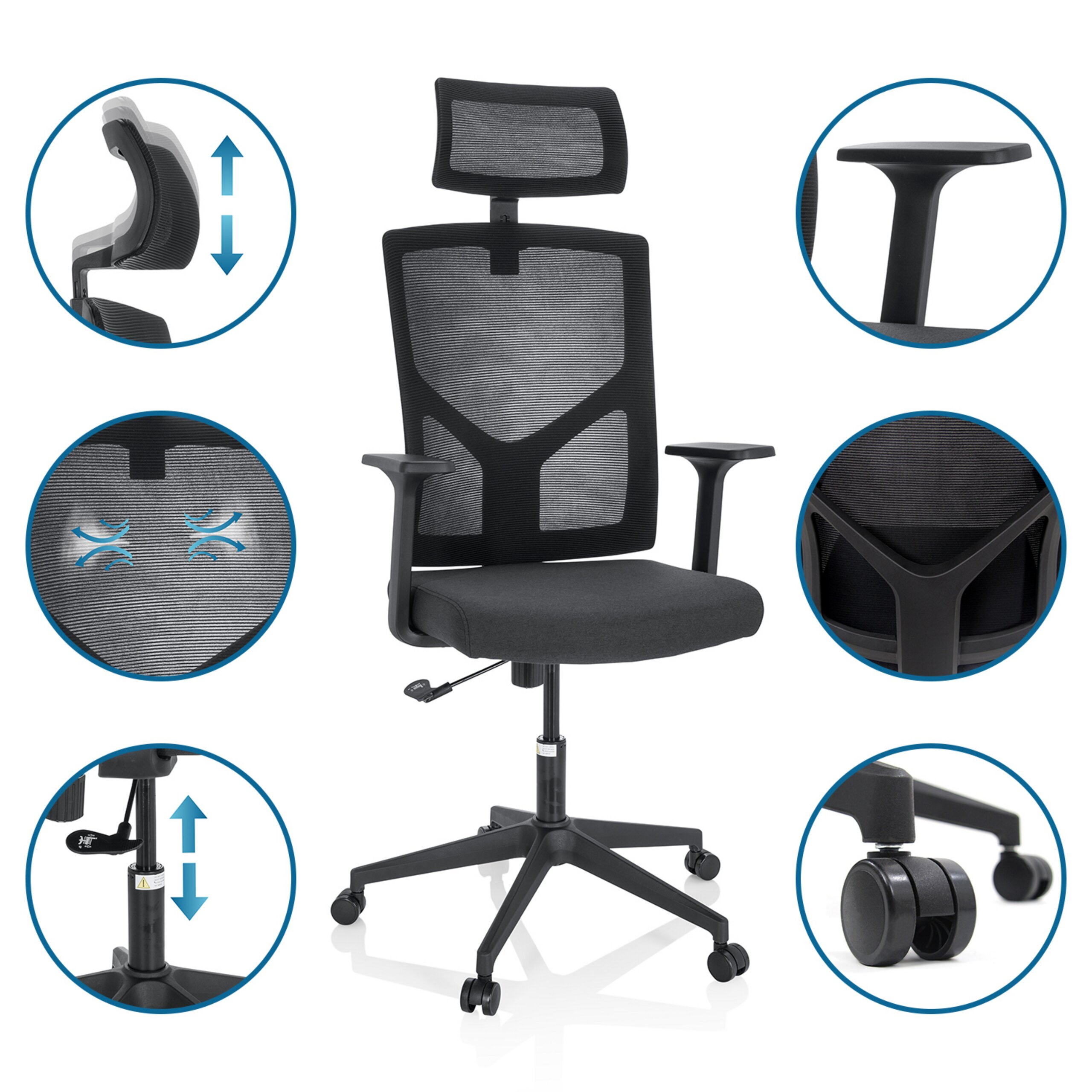 Ein schwarzer ergonomischer Bürostuhl mit Netzrücken und sechs Detailansichten seiner Funktionen.