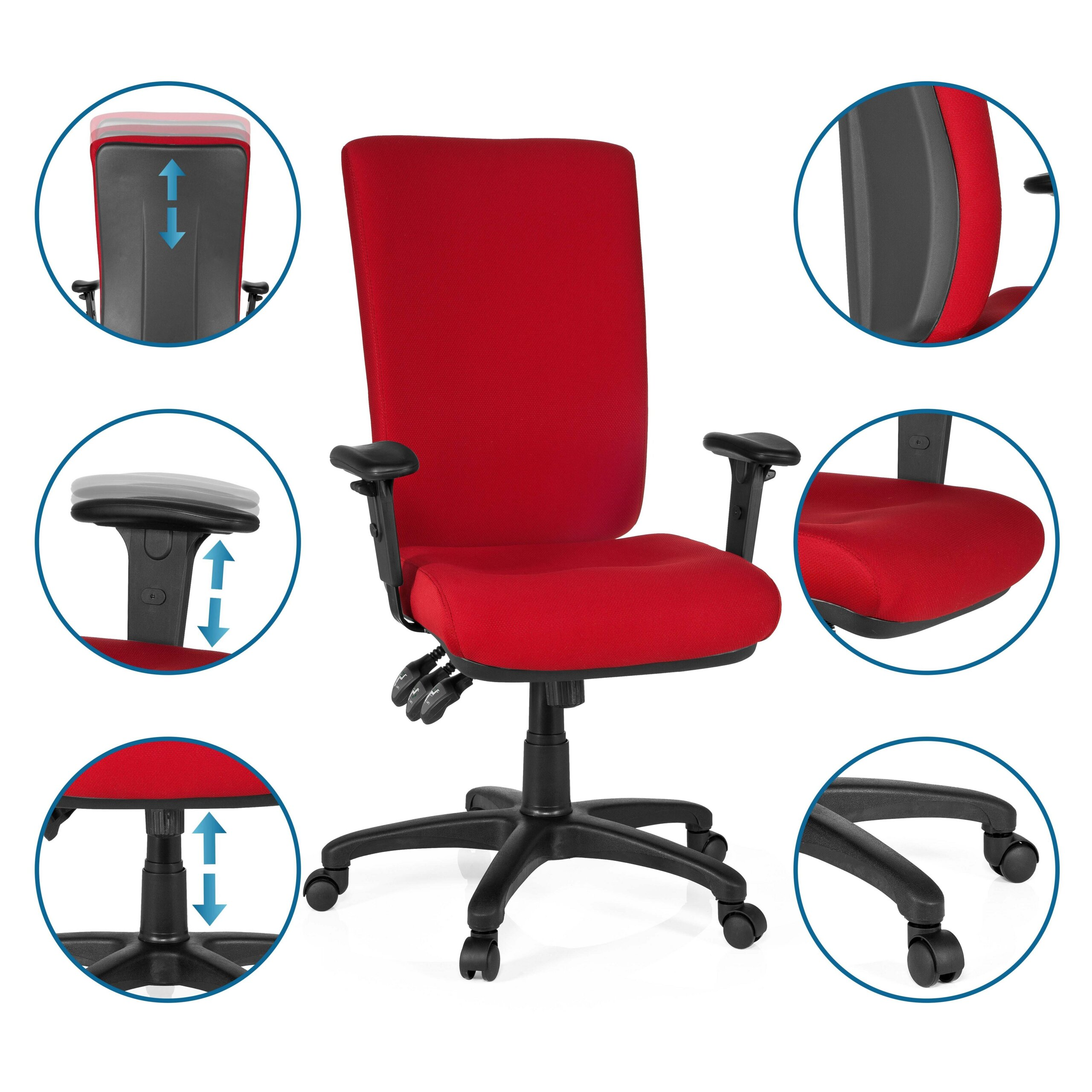 Roter ergonomischer Buerostuhl mit verstellbarer hoehe, armlehnen und rollen, umgeben von detailansichten.