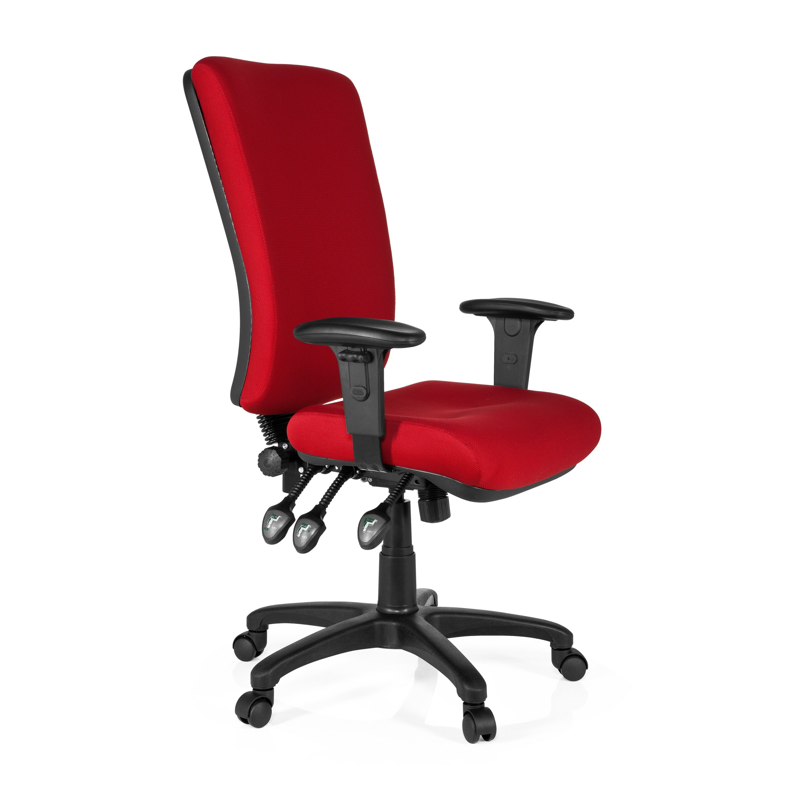 Ein roter ergonomischer Bürostuhl mit schwarzen Armlehnen und Rollenfuß auf weißem Hintergrund.