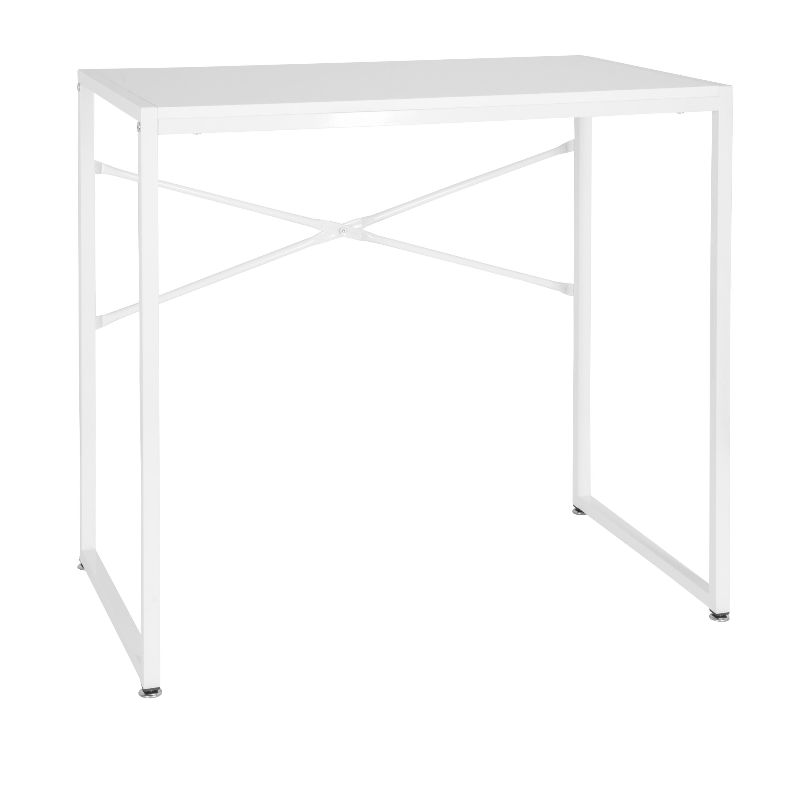 Ein moderner, weißer Schreibtisch mit Metallbeinen und einem X-förmigen Stützrahmen auf der Rückseite vor weißem Hintergrund.