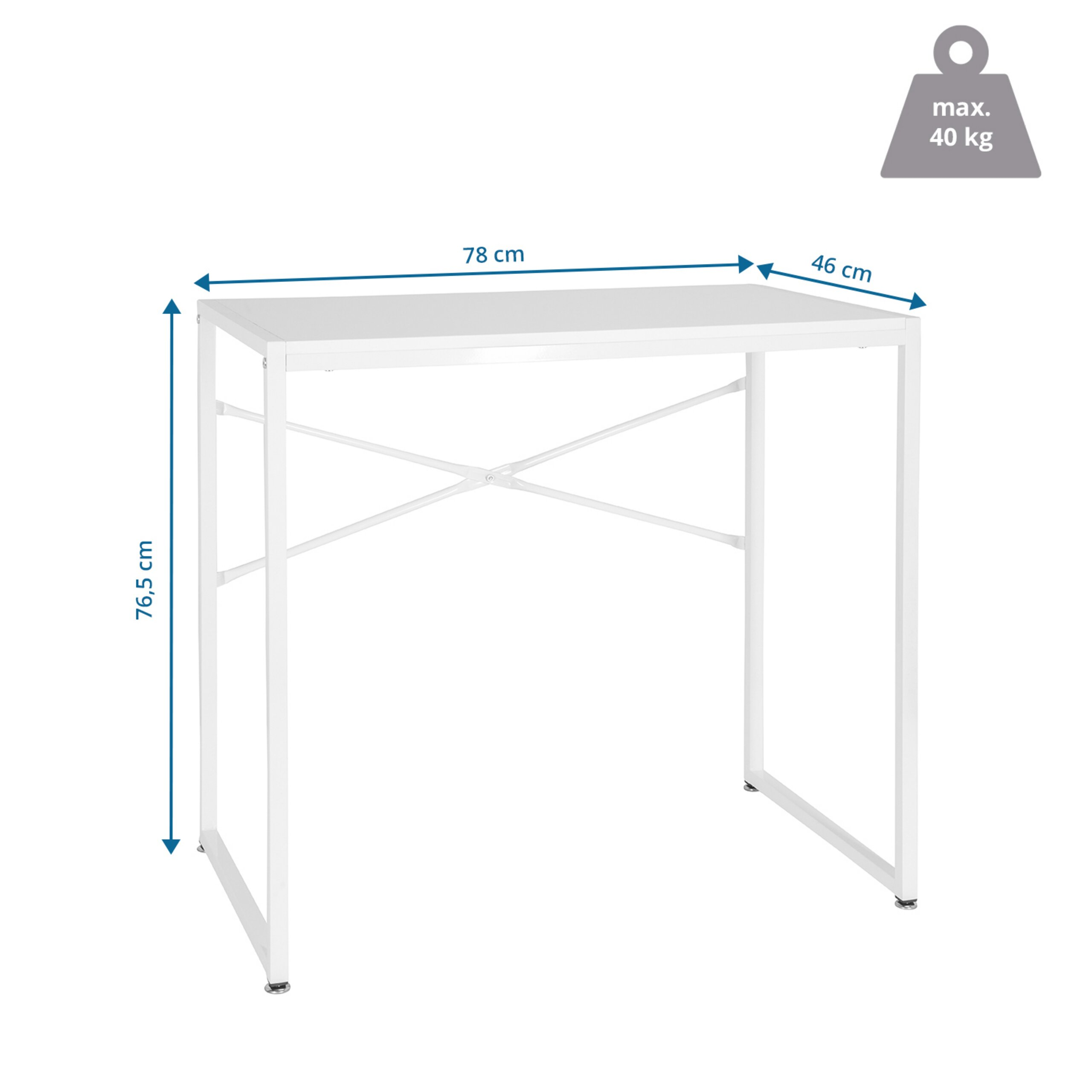Weißer Schreibtisch mit Maßen 78x46x76,5 cm und einer maximalen Tragkraft von 40 kg.