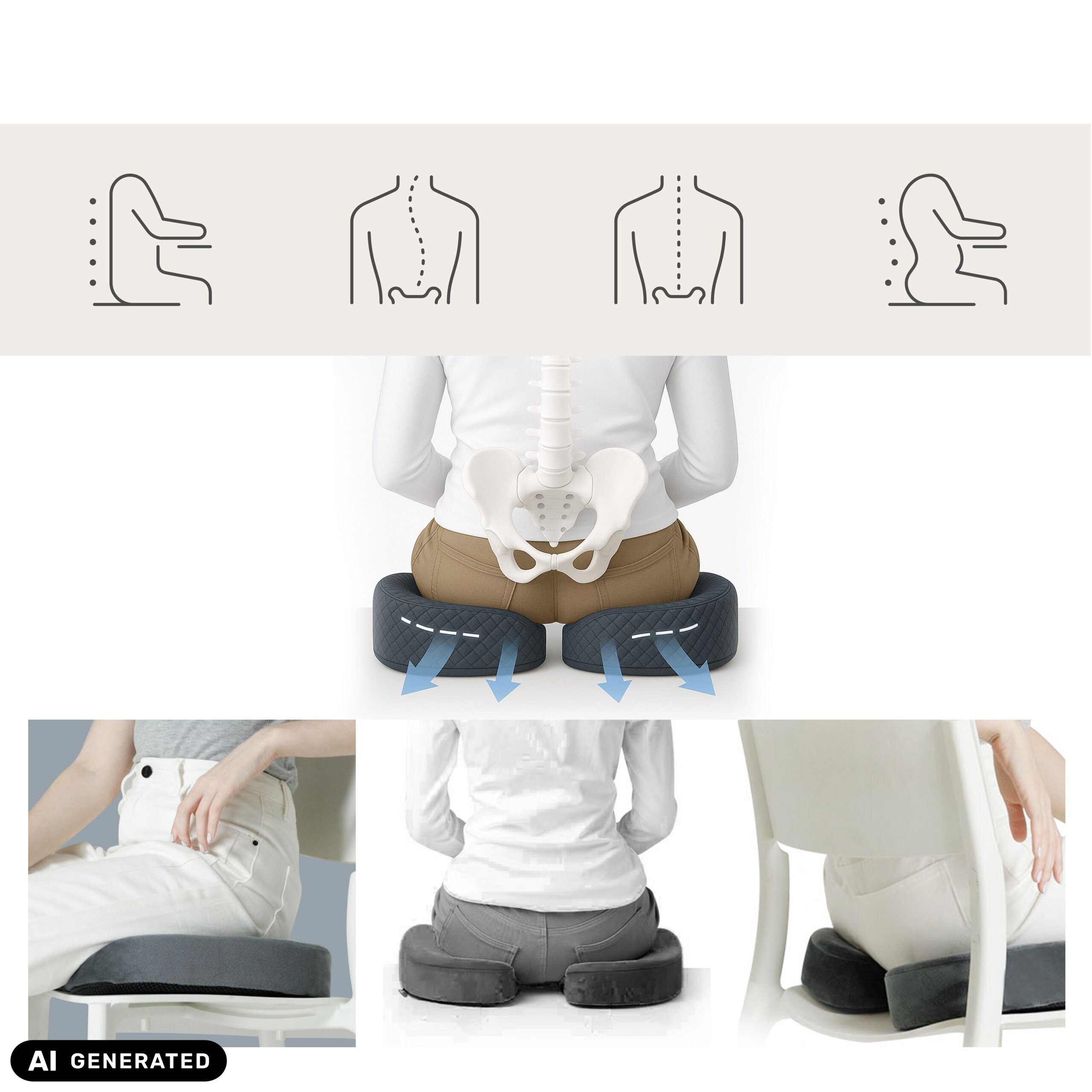 Diagramme und Bilder zeigen die Verwendung eines ergonomischen Sitzkissens zur Verbesserung der Haltung.