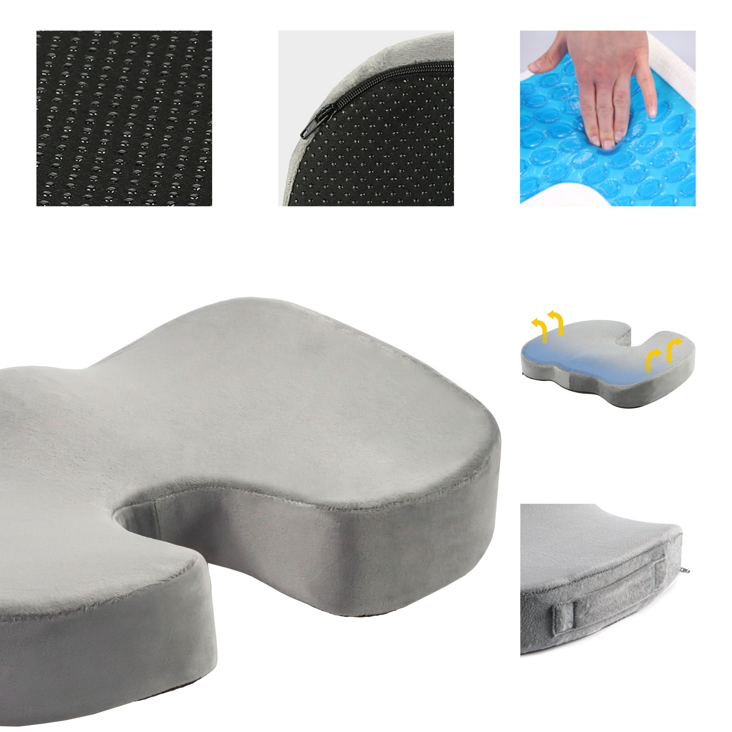 Graues orthopädisches Kissen mit Ausschnitt und Kühlgel-Einsatz.