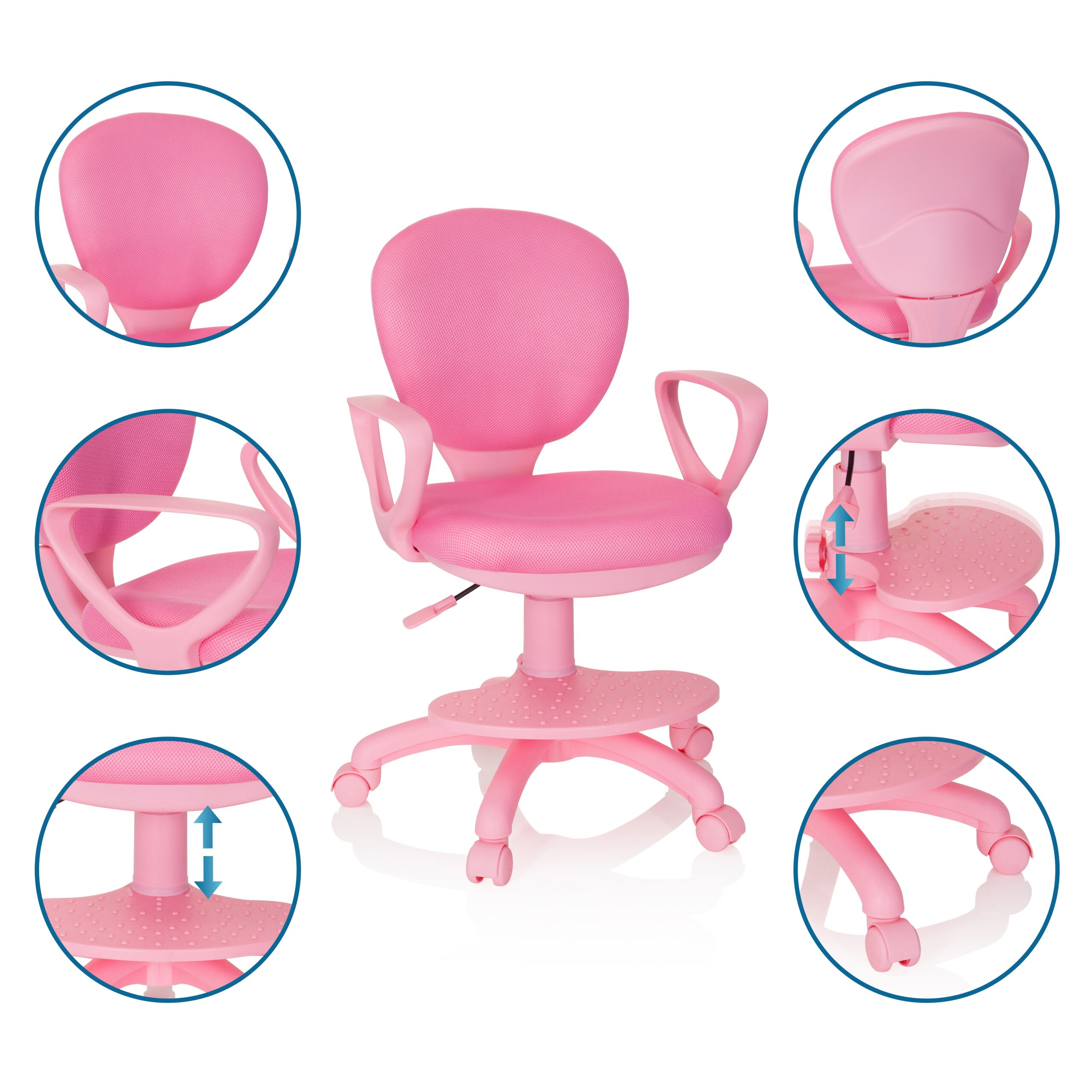 Rosa Kinderdrehstuhl mit Fußstütze und Details zu Funktionen wie Sitzhöhe, Armlehnen und Rollen.