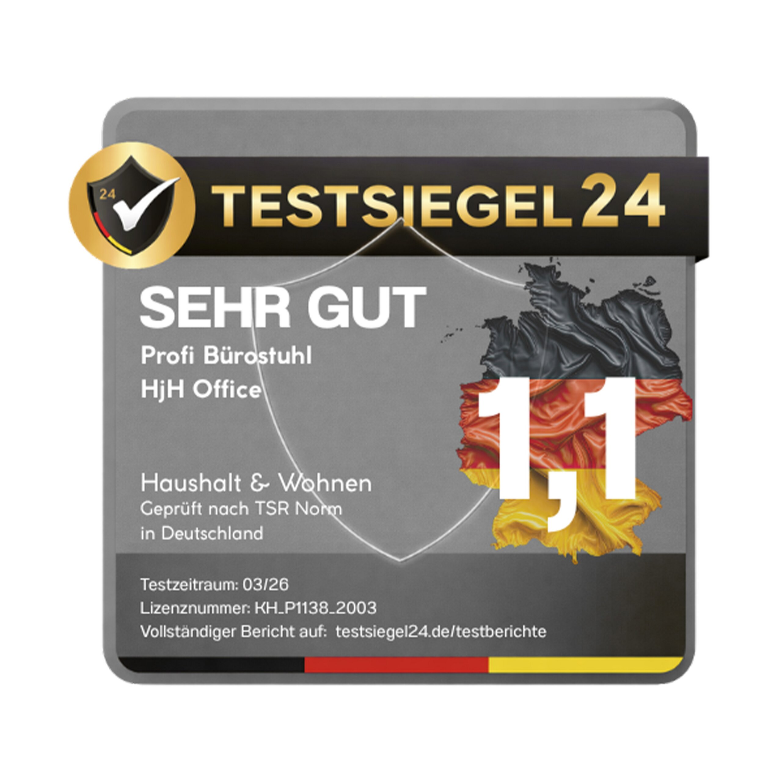 Testsiegel 24 Gütesiegel mit der Note Sehr Gut 1,1 und deutscher Flagge.