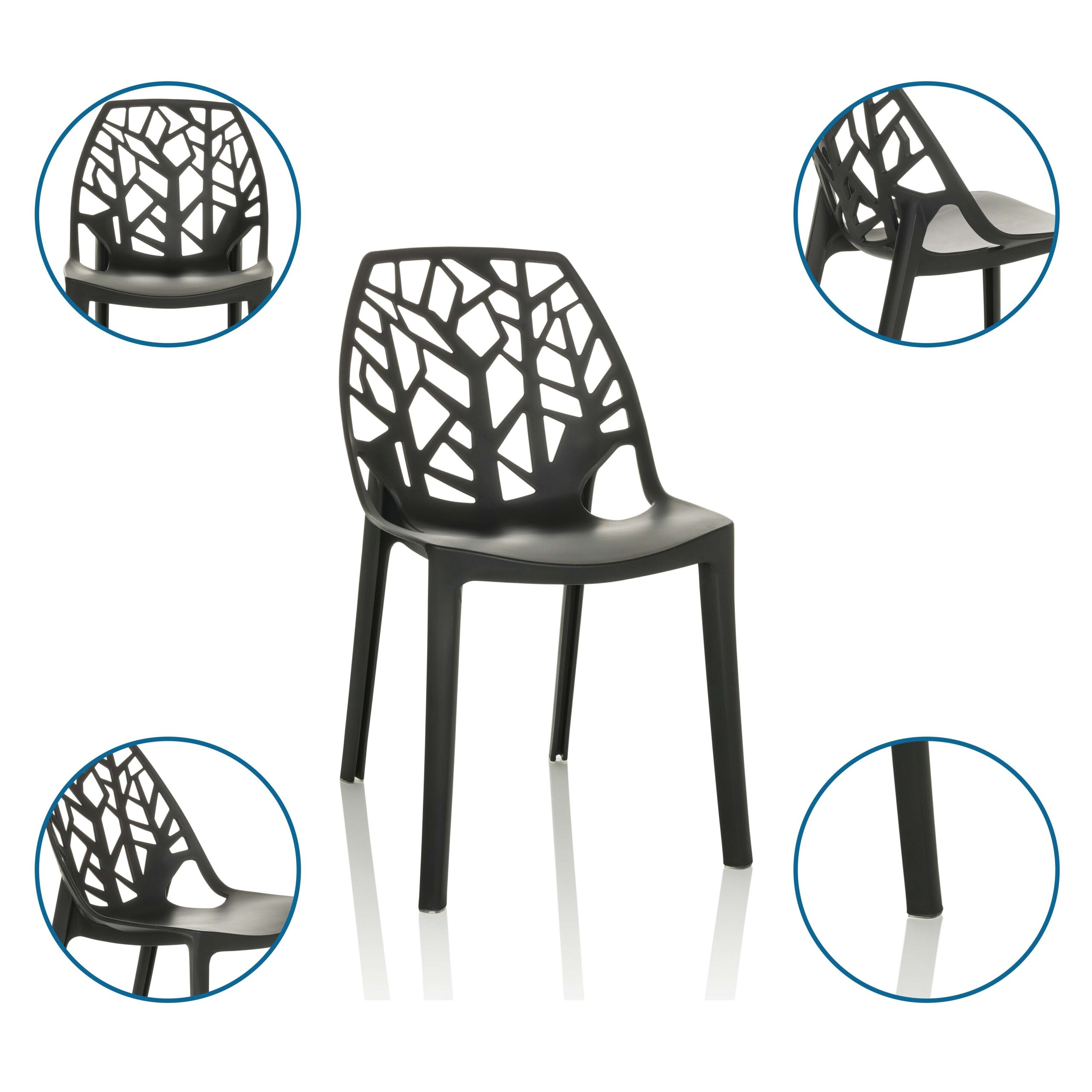 Ein schwarzer Stuhl mit Ast-Muster in der Lehne, umgeben von vier Detailansichten.