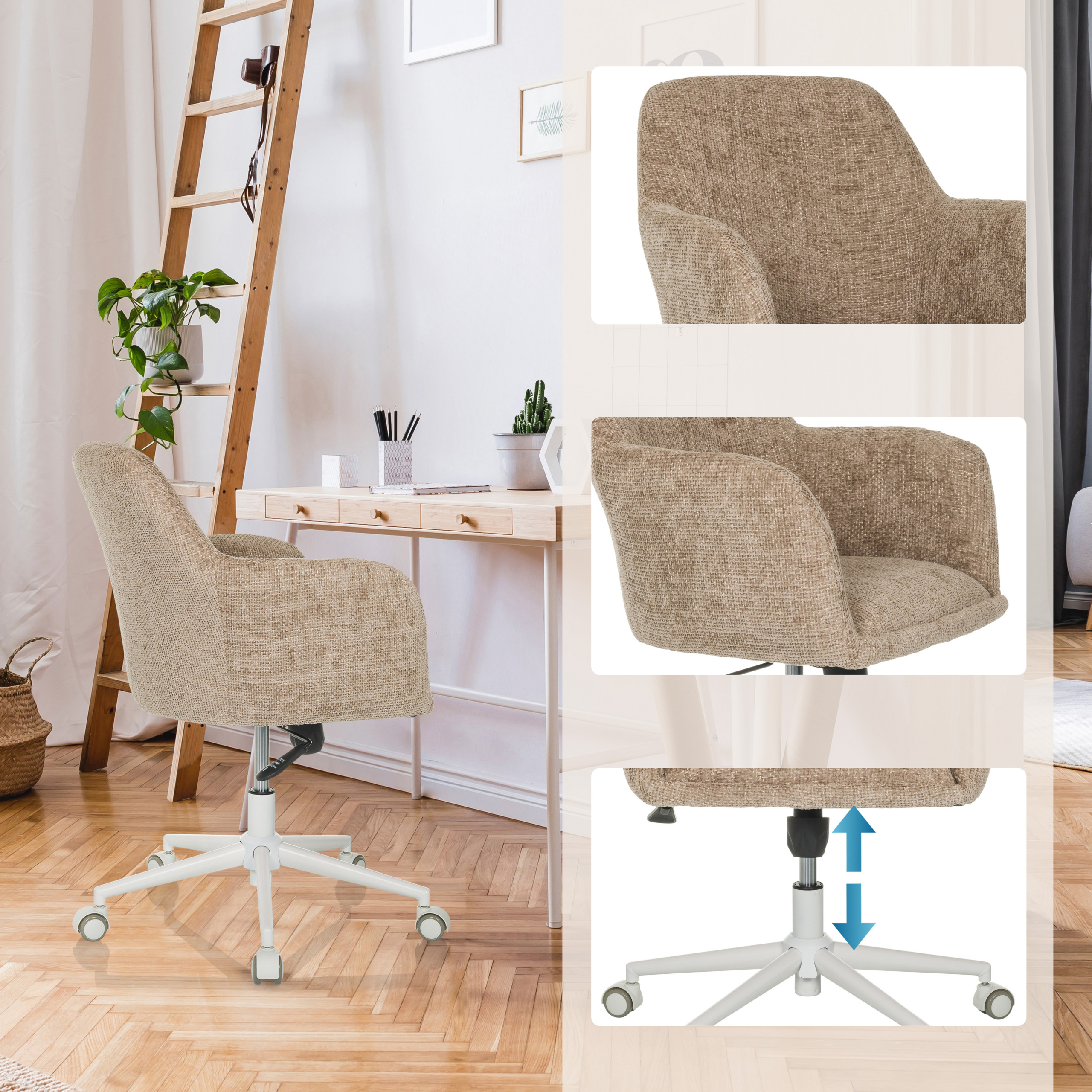 Beiger Bürostuhl mit weißen Rollen und verstellbarer Höhe, in einem Raum mit Schreibtisch und Leiter.