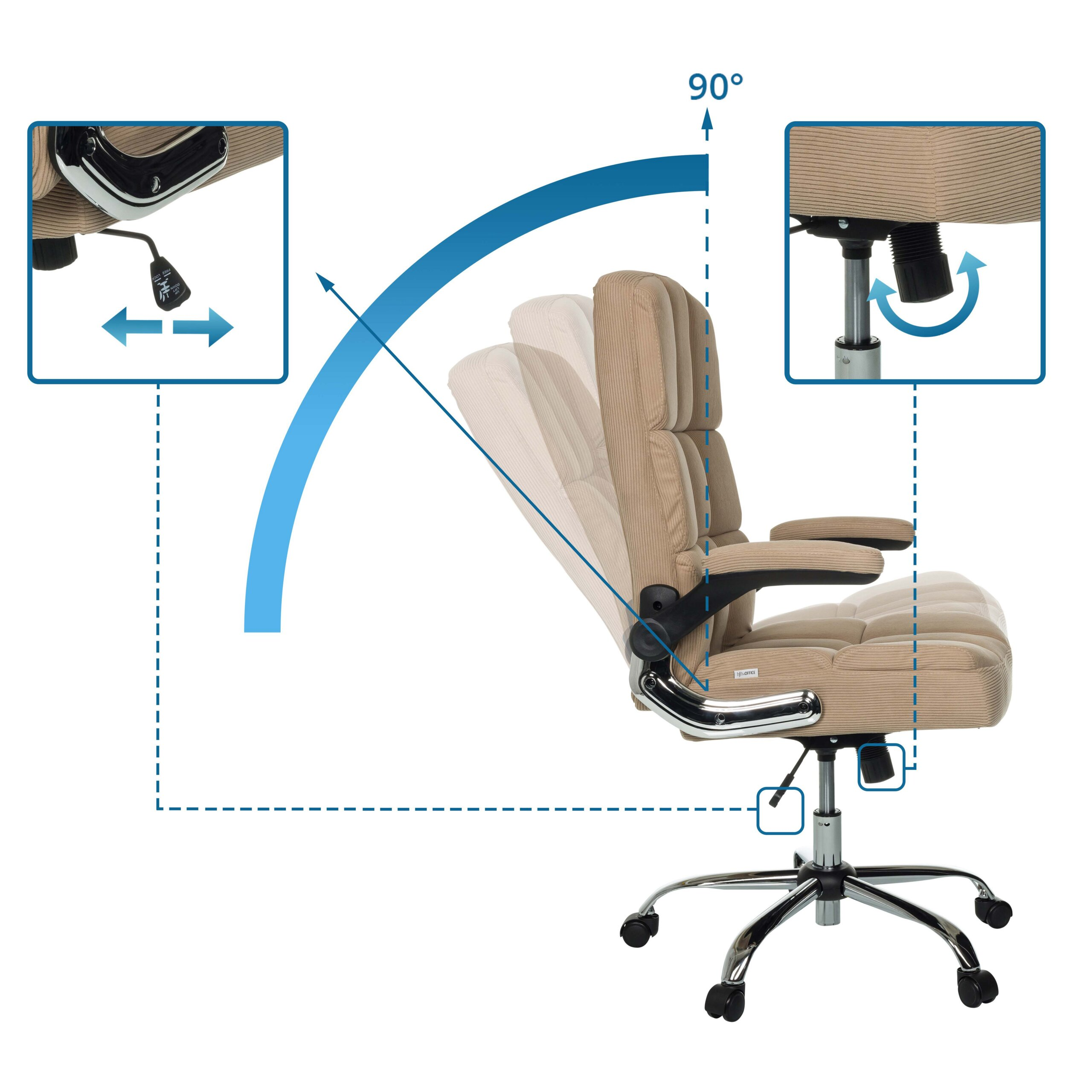 Beige Bürostuhl mit Neigungswinkel und Mechanismusverstellungen, markiert mit blauen Pfeilen.