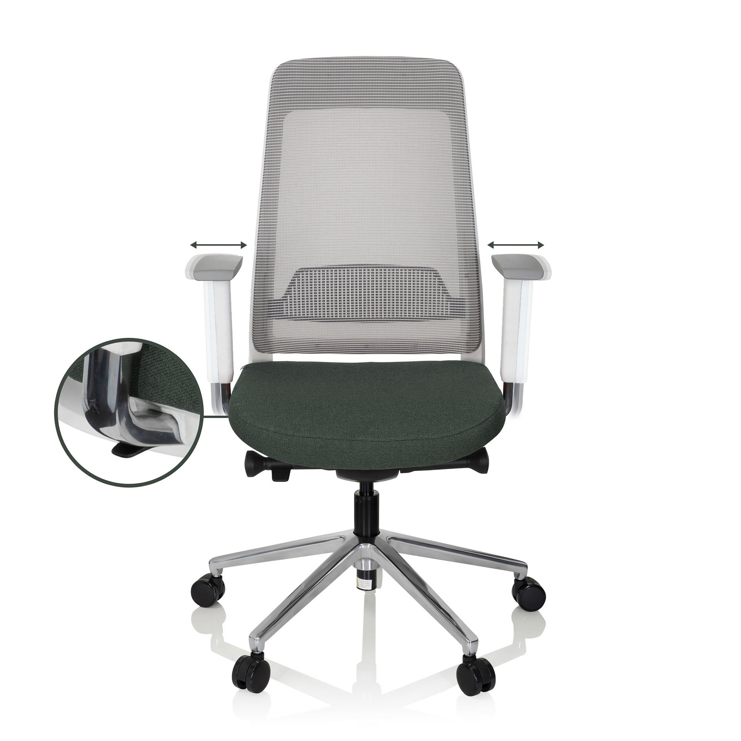 Moderner ergonomischer Bürostuhl mit grauer Netzlehne, grünem Sitz, verstellbaren Armlehnen und Chrom-Fußkreuz mit Rollen.