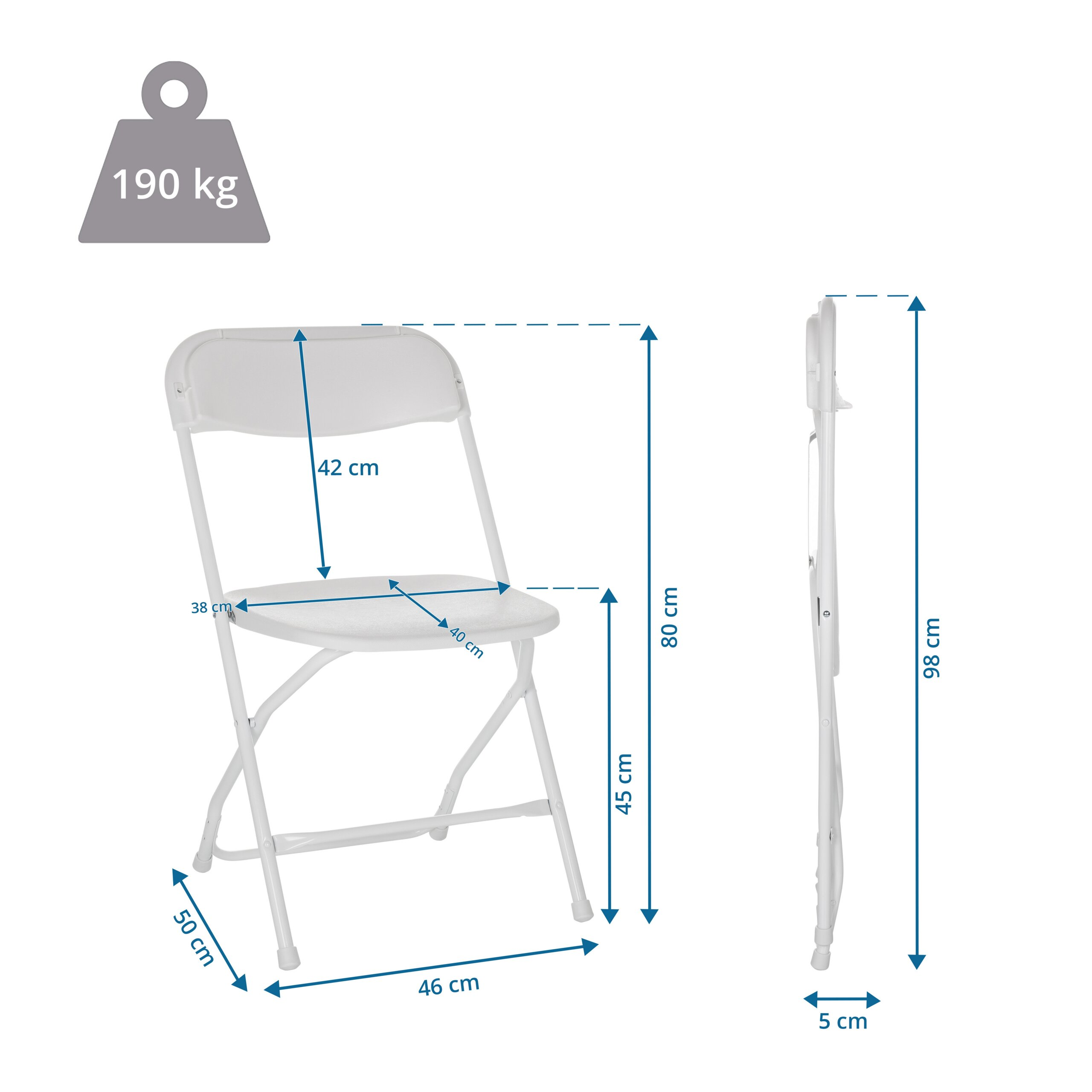 Diagramm eines weißen Klappstuhls mit genauen Abmessungen und einer Gewichtskapazität von 190 kg.