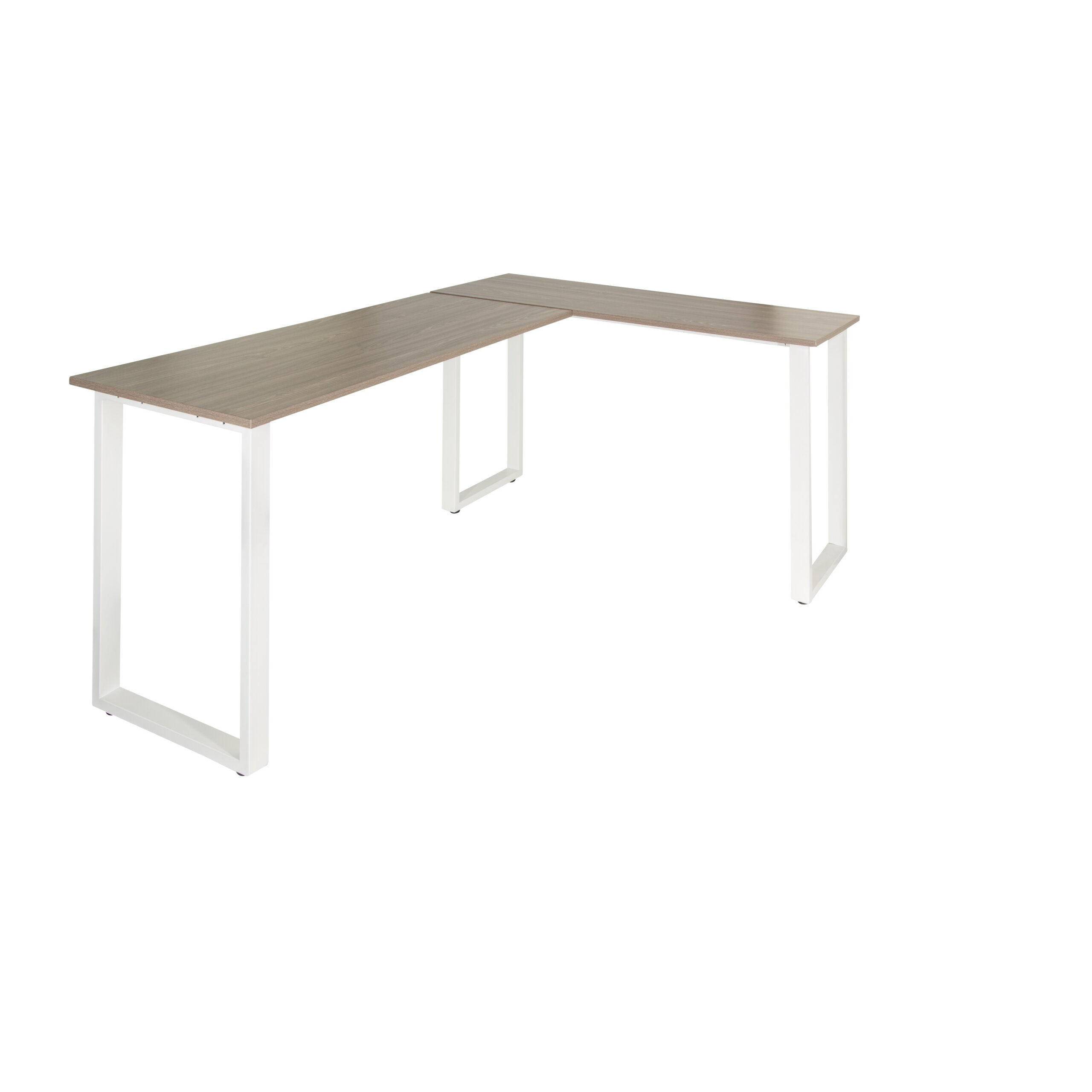 L-förmiger Schreibtisch mit Holzoberfläche und weißen Metallbeinen.