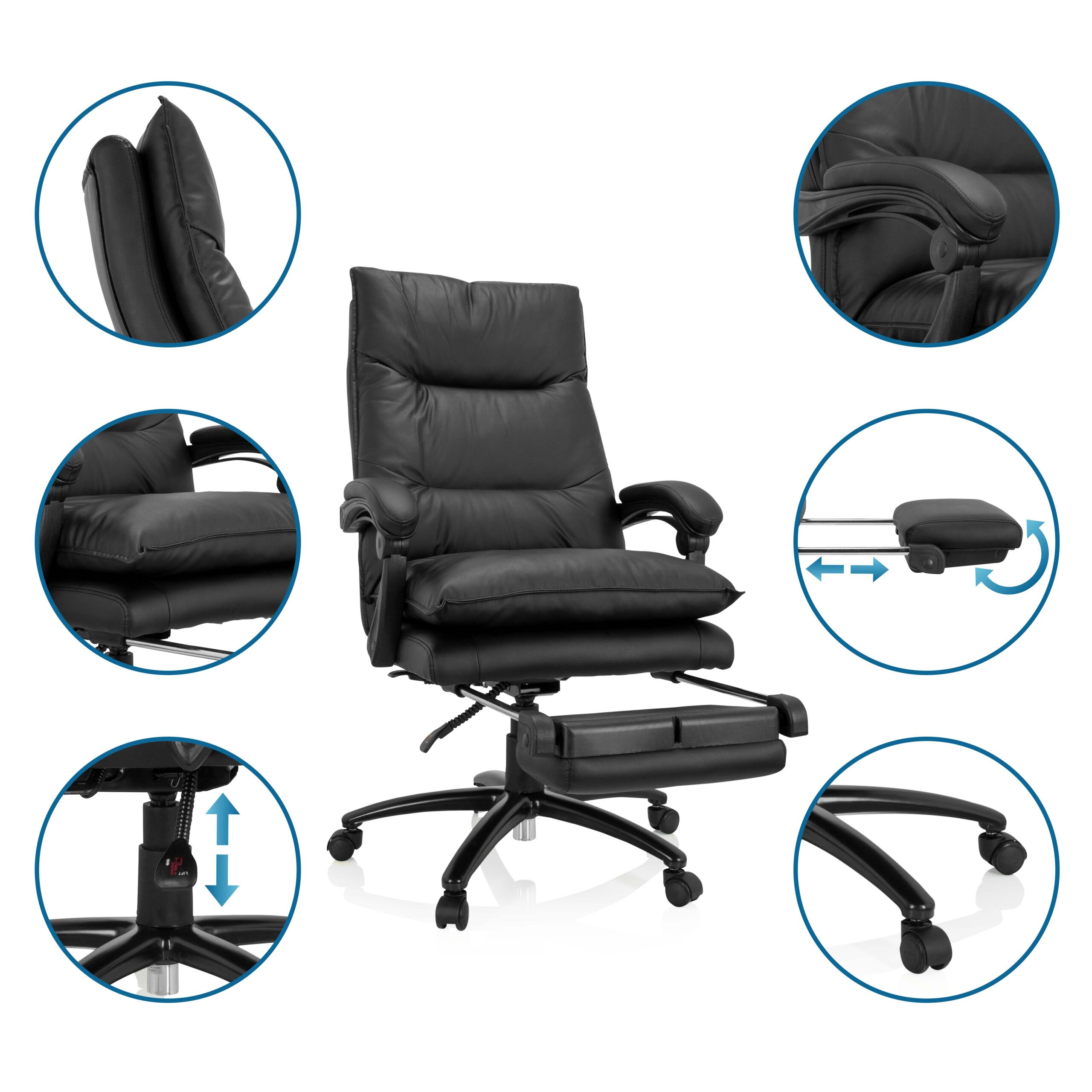 Ein schwarzer Leder-Bürostuhl mit Fußstütze und Details wie Kopfstütze, Armlehne, Sitzfläche und Rollen.