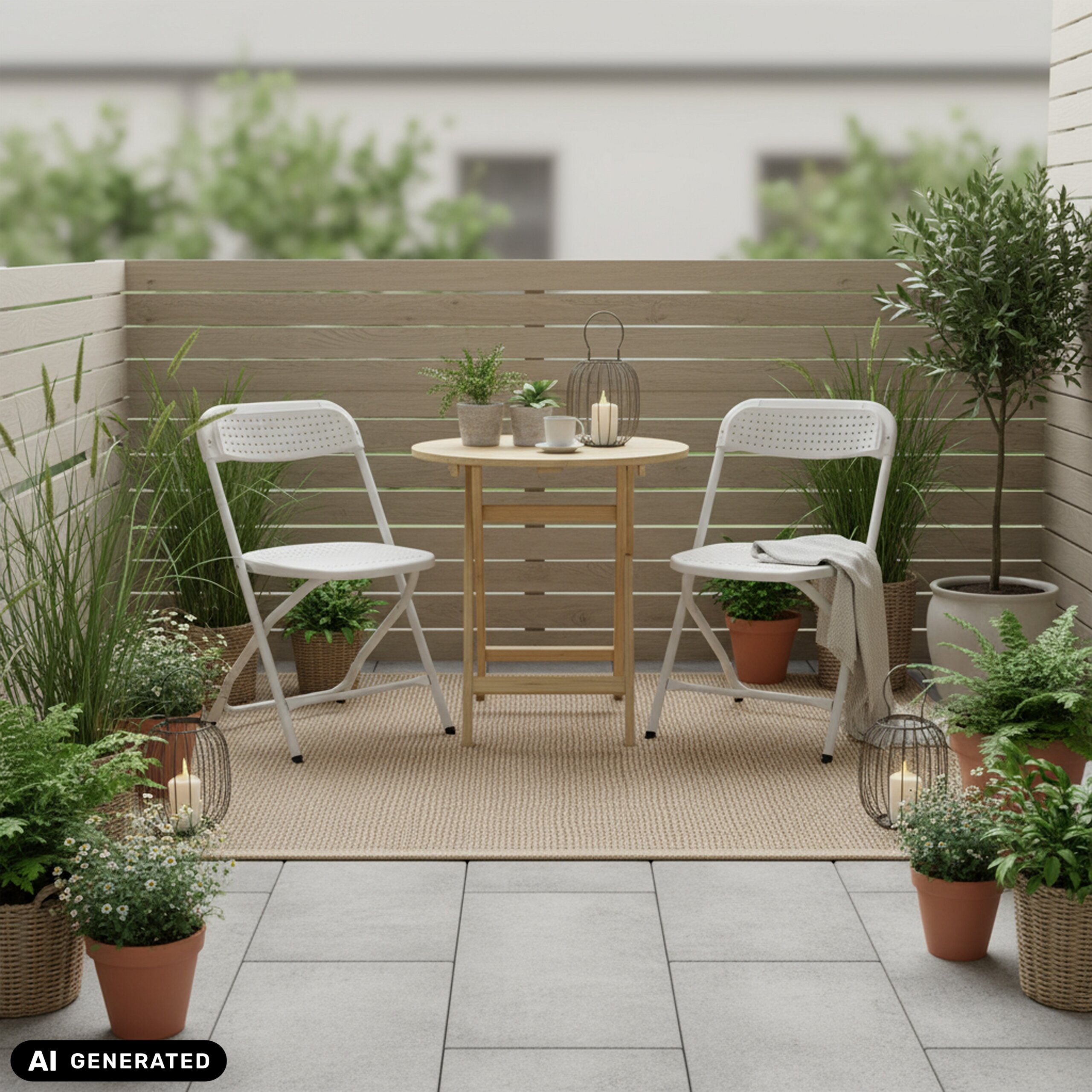 Ein kleiner Balkon mit Holztisch, zwei weißen Stühlen, Topfpflanzen, Gras und Kerzen vor einem Holzzaun.