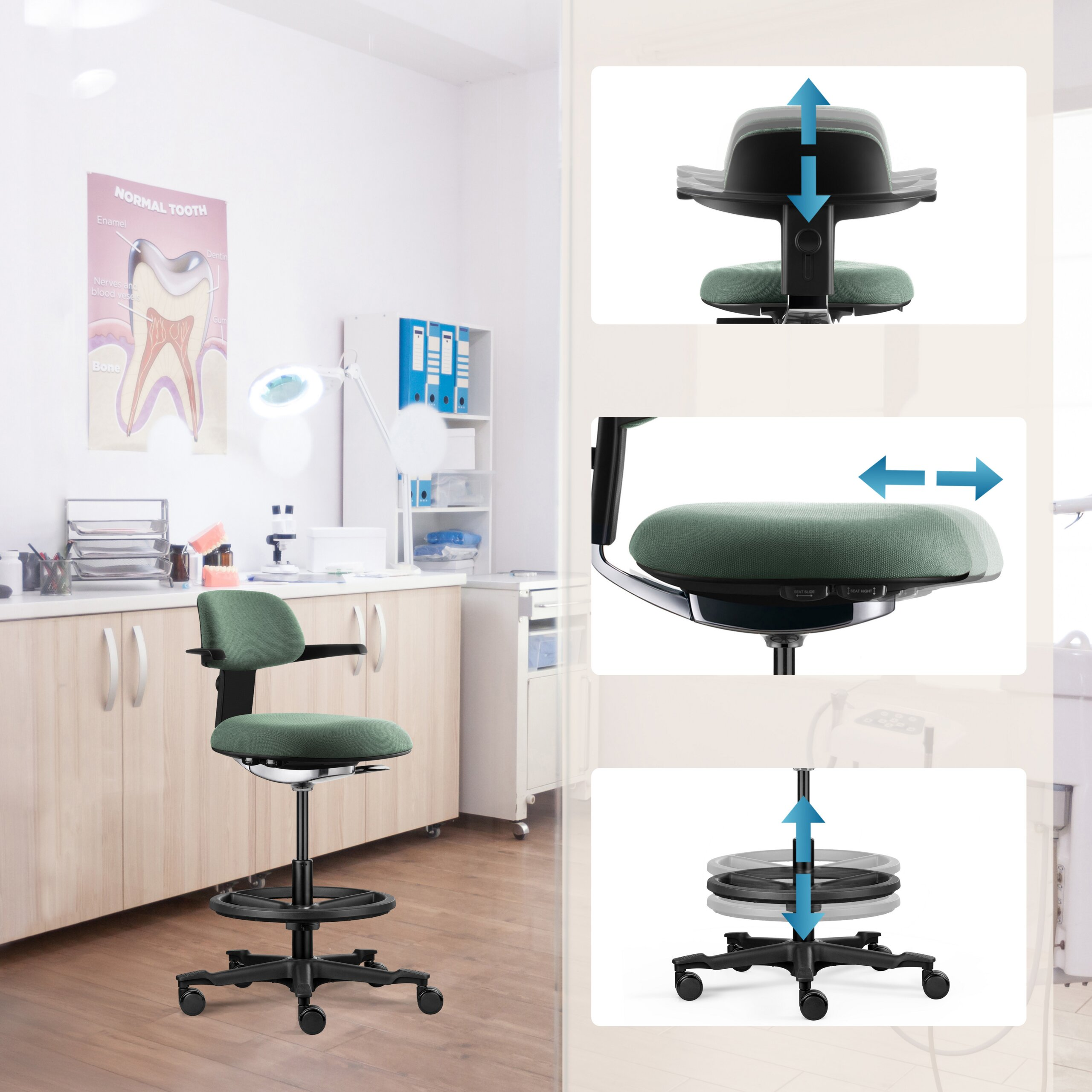 Ein grüner medizinischer Hocker in einer Klinik, mit Einsätzen zur Höhen- und Tiefenverstellung.